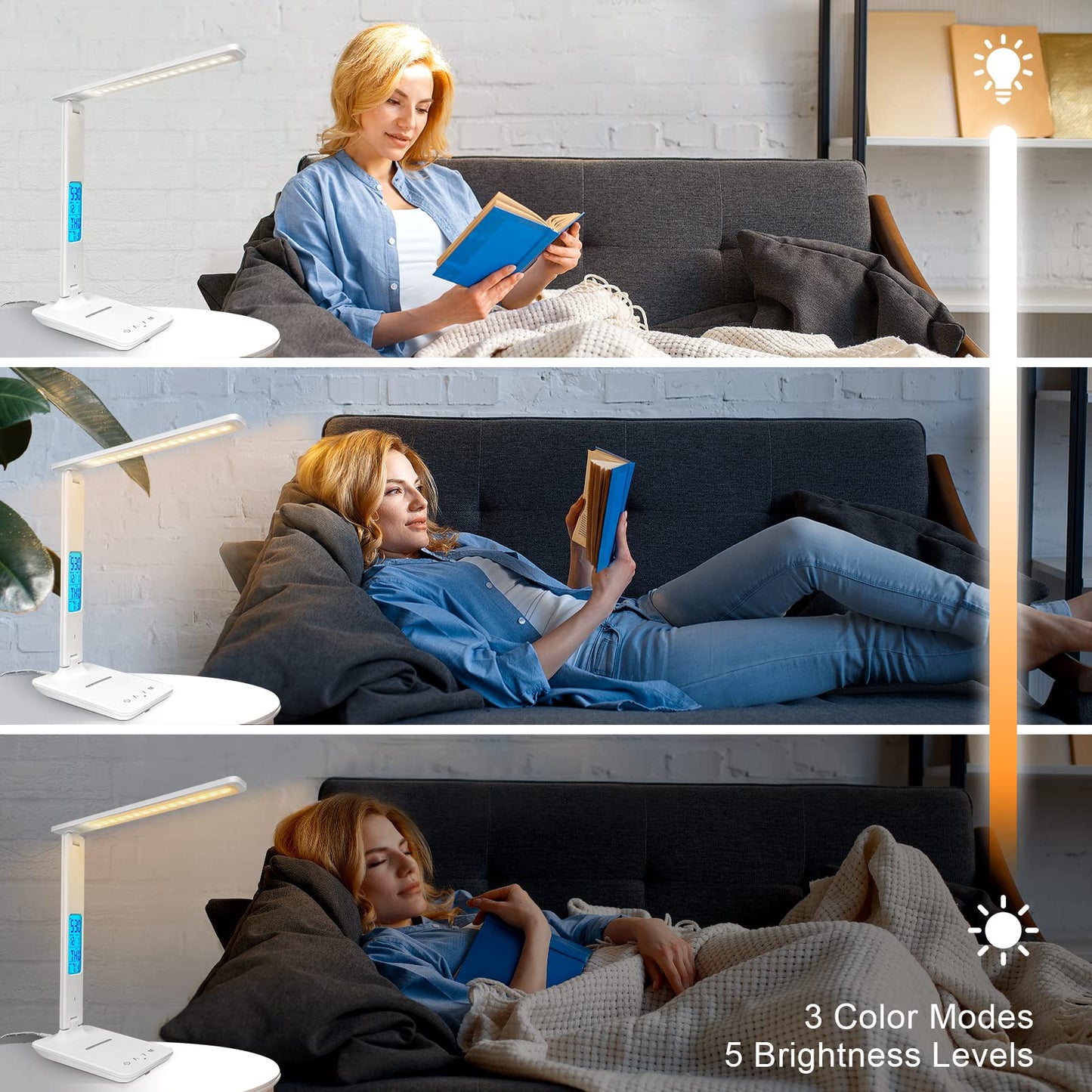 Whicow LED Desk Lamp, Desk Light with Wireless Charger, USB Charging Port, Dimmable Office Desk Lamp with Clock, Alarm, Date, Temperature, Foldable Table Lamp for Table Bedroom Bedside Office