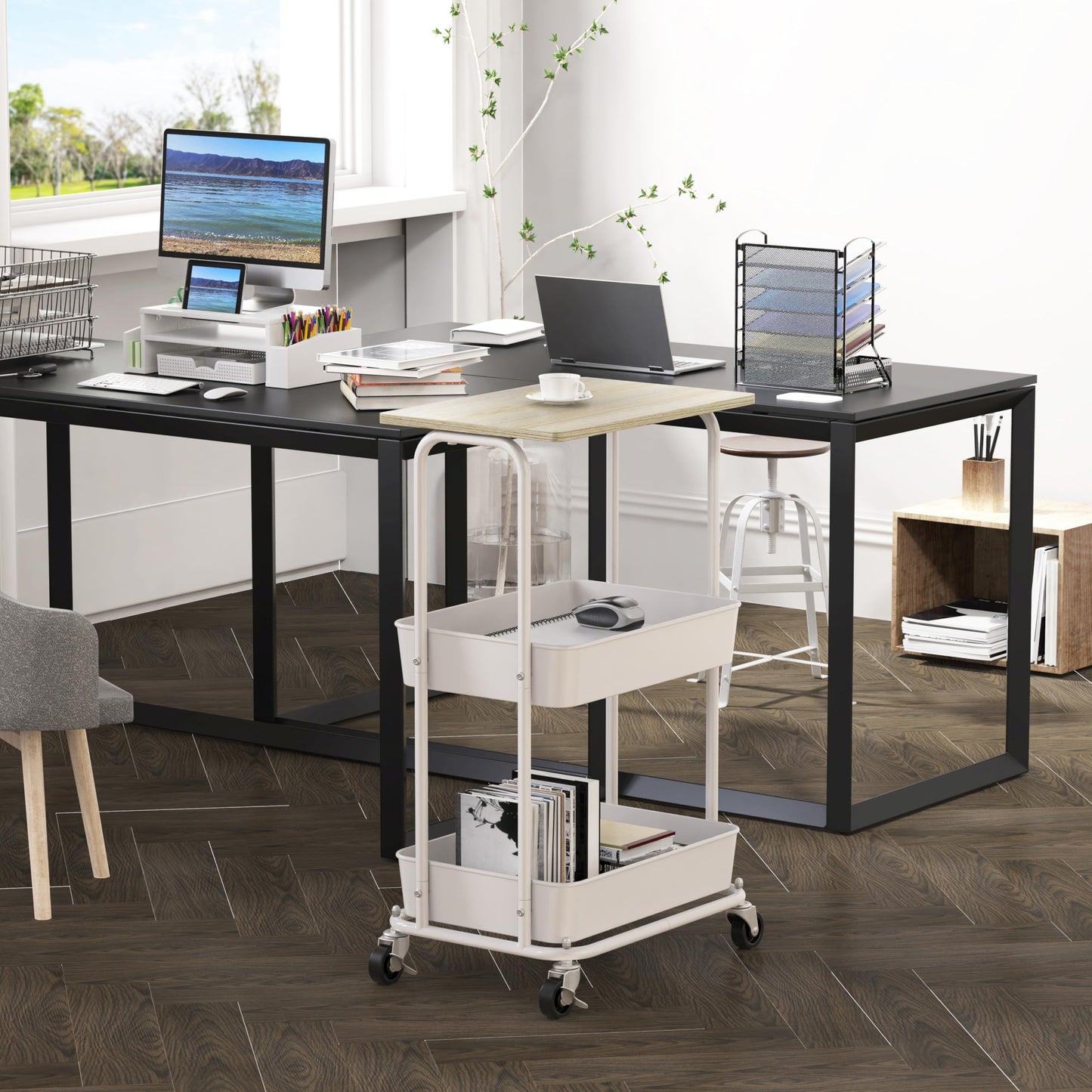 Simple Houseware 3-Tier Metal Rolling Utility Cart with Wooden Top and Lockable Wheel, Storage Organizer Trolley for Kitchen, Bathroom, Office, Craft Room, Maple