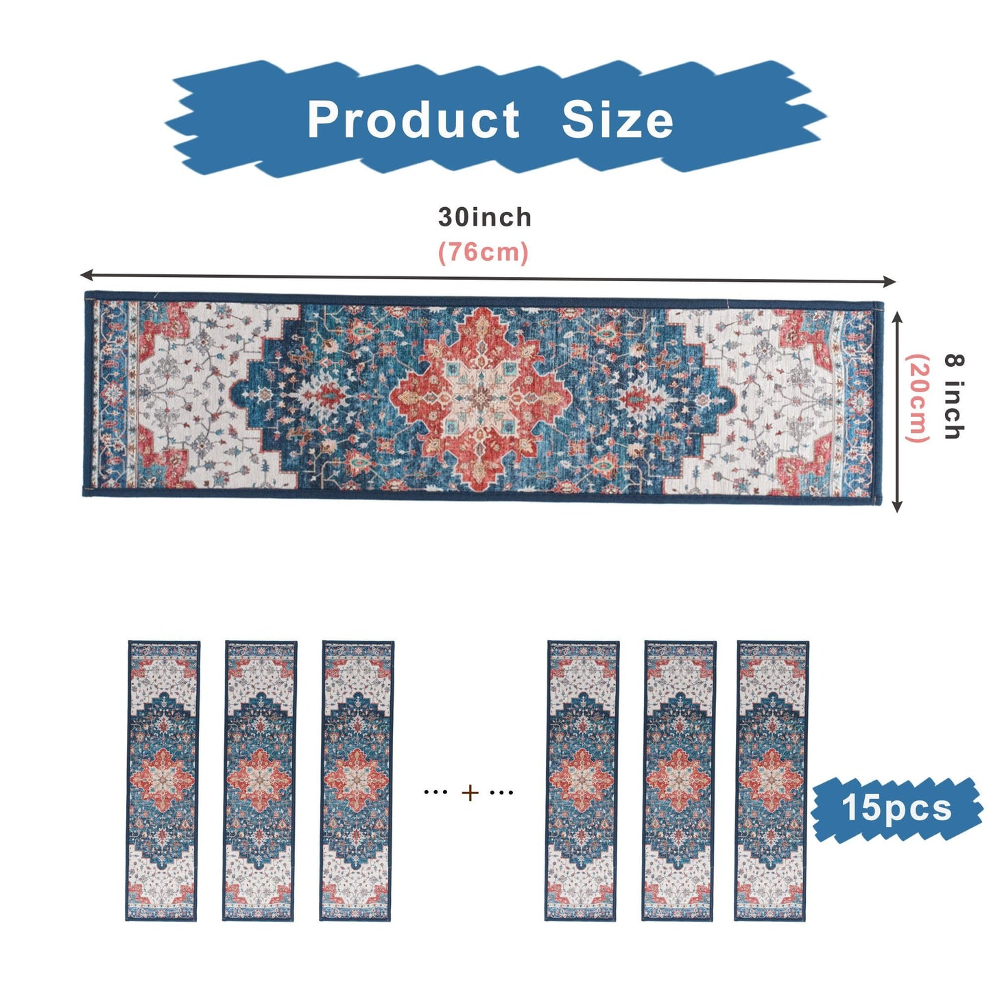 Stair Treads Non Slip Indoor,Peel and Stick Stair Treads,Non Skid Carpet for Wooden Steps,Machine Washable Stair Runner for Kids Elders & Pets with Reusable Adhesive,8" X 30" (15 in Pack),Blue
