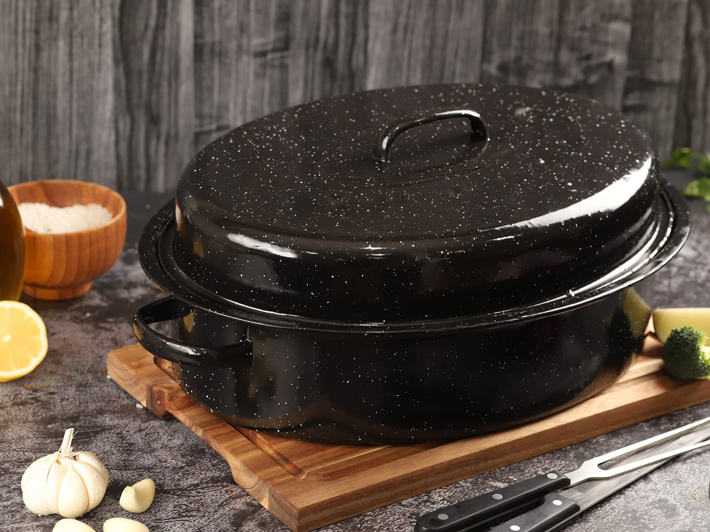 GOURMEX 22lb Oval Black Ceramic Enamel Coated Roasting Pan | Dutch Oven Pot With Lid | Dishwasher Safe, Oven Safe, Freezer Safe | Ideal For Chicken, Turkey Roasting Pan
