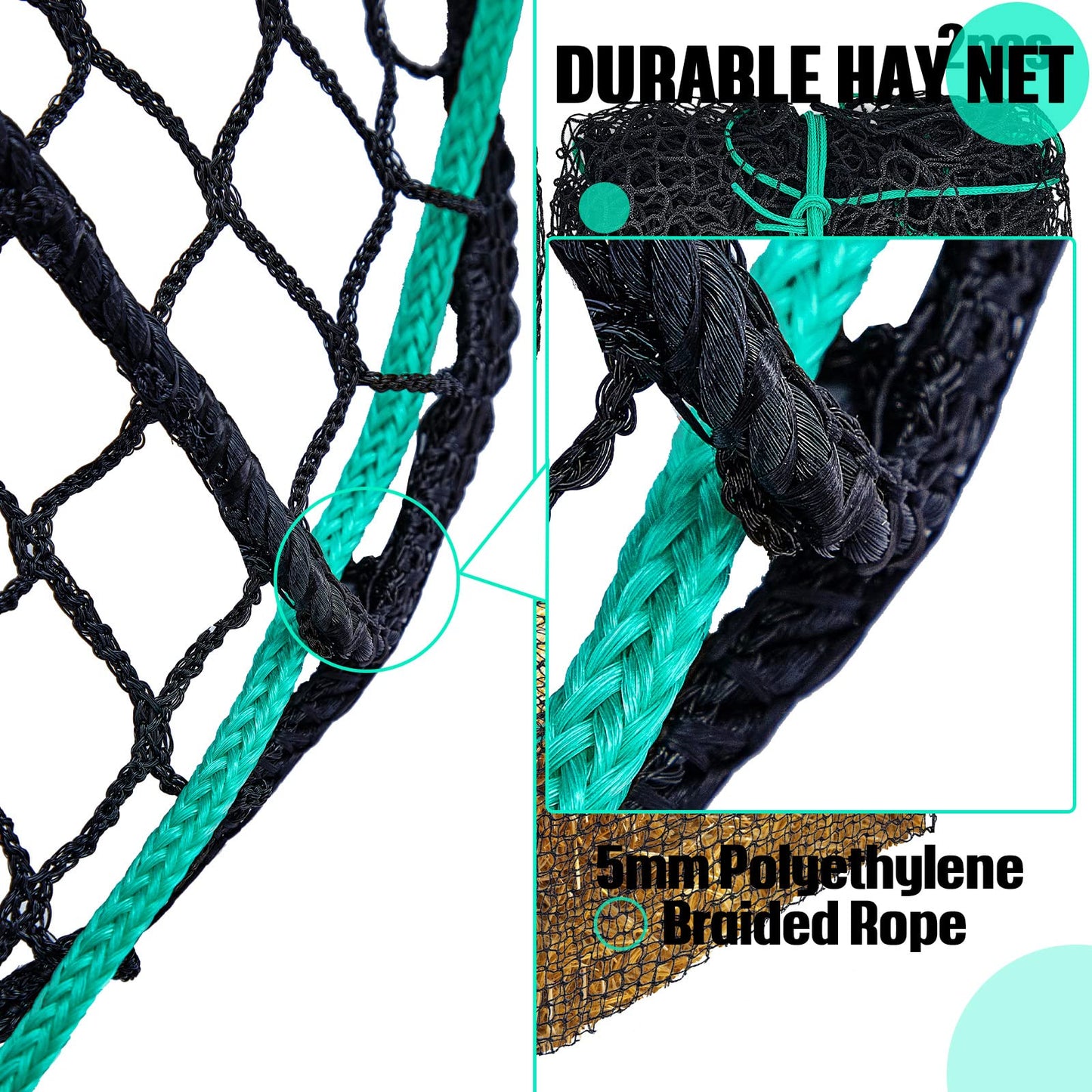 Riakrum 2 Pcs Square Bale Hay Net 5 mm Thick 47 x 20 x 20 Inch Black Large Bale Net Whole Slow Feeder Hay Bags Horse Full Hay Net Feeding Supplies for Horse Mule Goat Cattle Feed