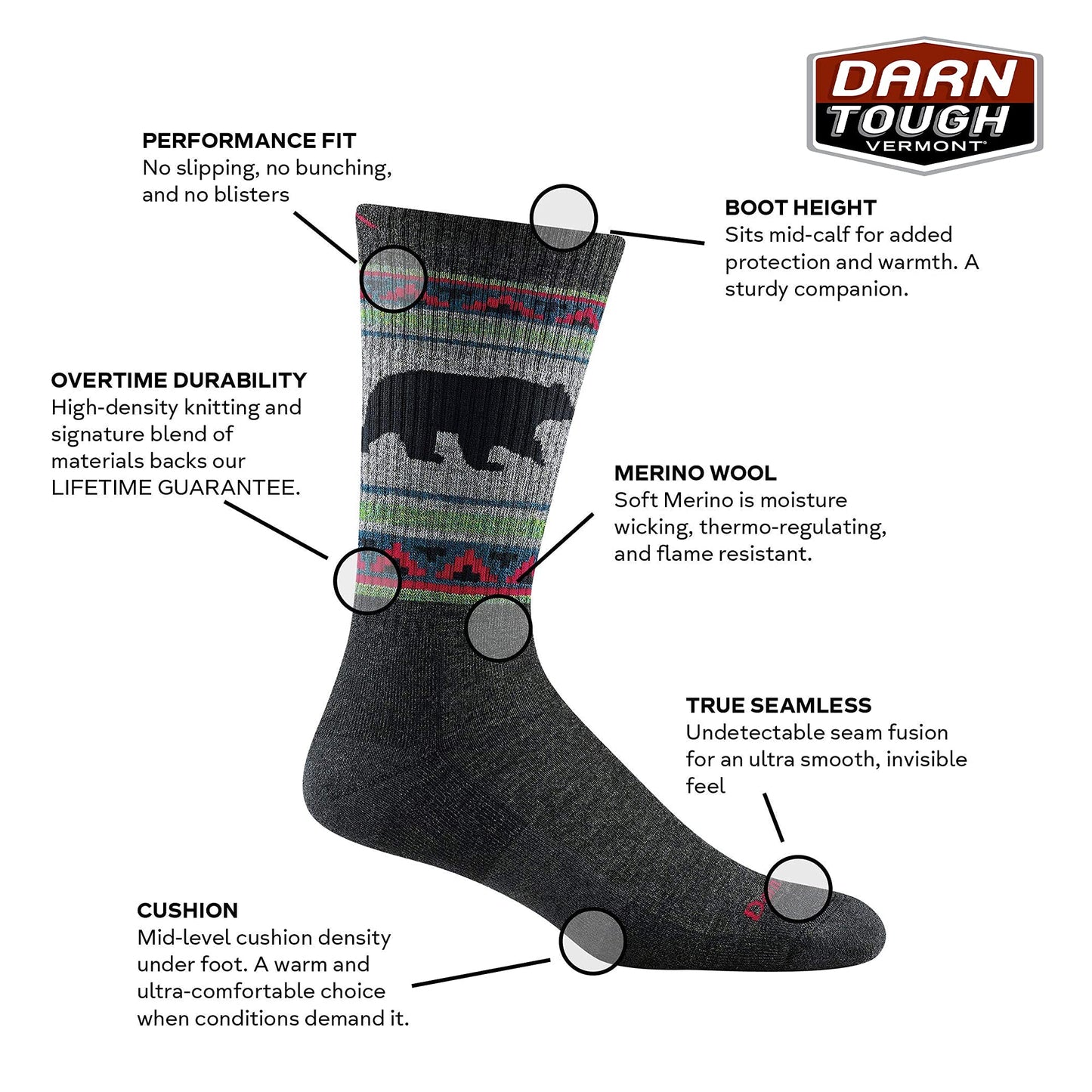Darn Tough Men's VanGrizzle Boot Midweight with Cushion Hiking Sock (Style 1980) - Charcoal, Large