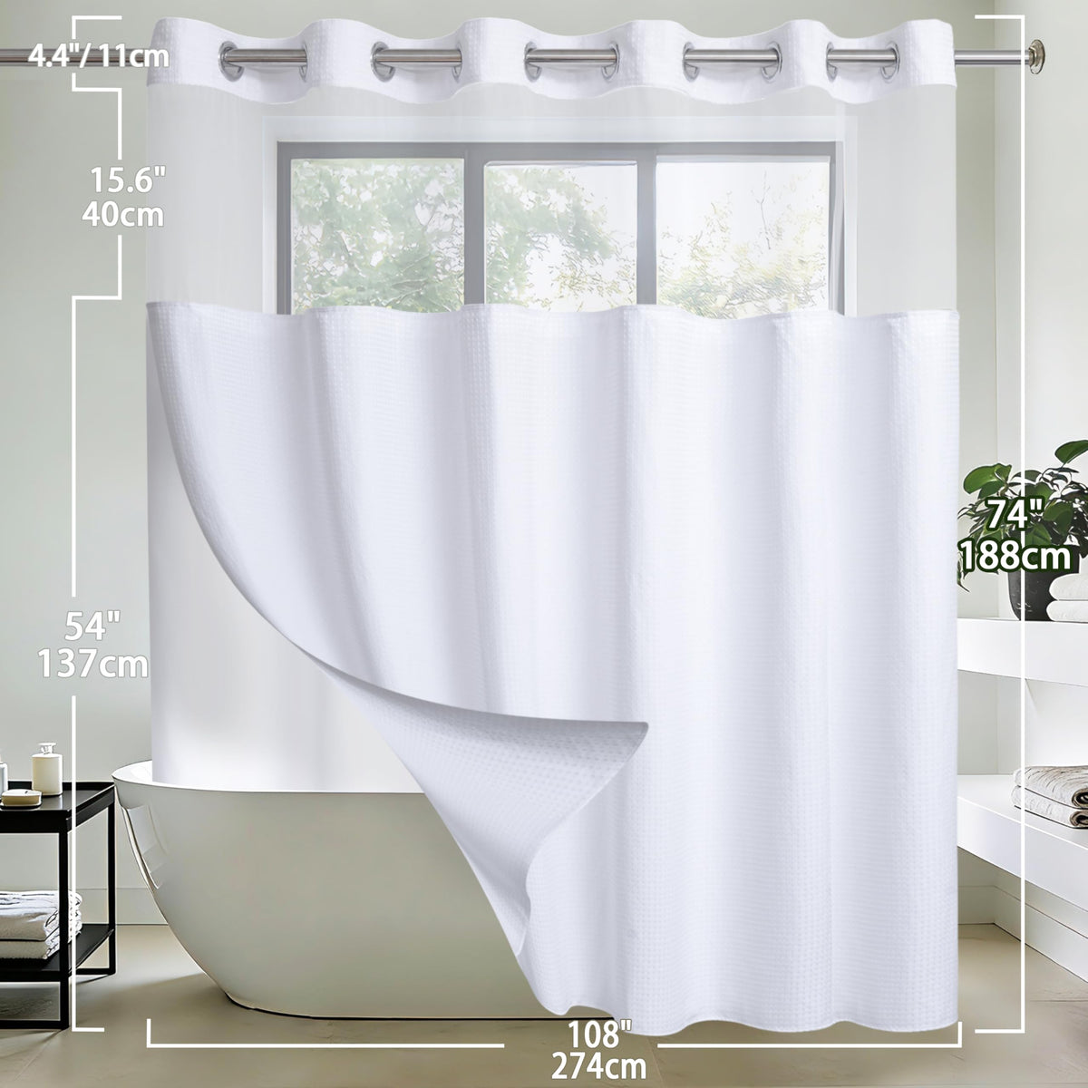 Extra Wide Fabric Waffle Weave Hotel Shower Curtain with Snap in Liner 108" x 74" for Bathroom Waterproof Machine Washable Shower Curtain (Waffle-White,108"(W) x 74"(H))