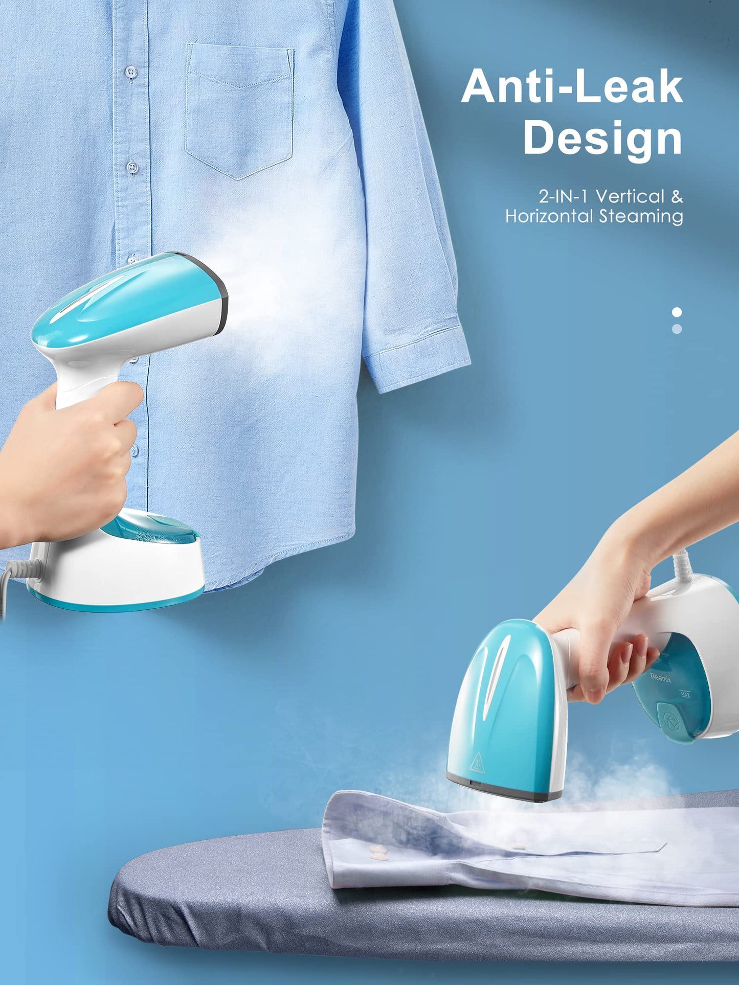 Reemix Steamer for Clothes, 1200W Foldable Clothes Steamer, Handheld Garment Steamer, Fast Heat-up, Auto-Off, Steam Iron for Fabric Wrinkle Remover with Brush (Crystal Blue)