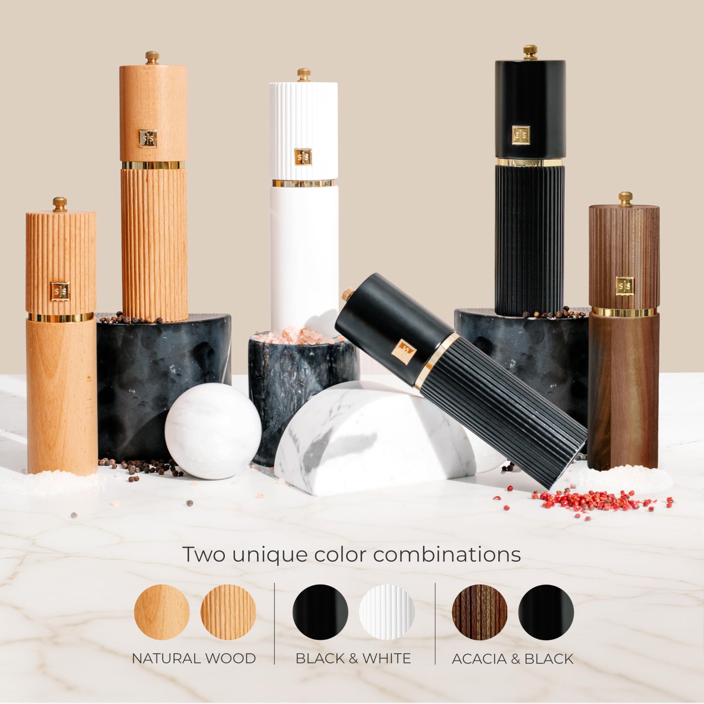 Wooden Salt and Pepper Grinder Set – Refillable Manual Salt and Pepper Mills with Adjustable Ceramic Burrs, Gold Detailing, and Acacia Wood Stand – Ideal Kitchen Gift