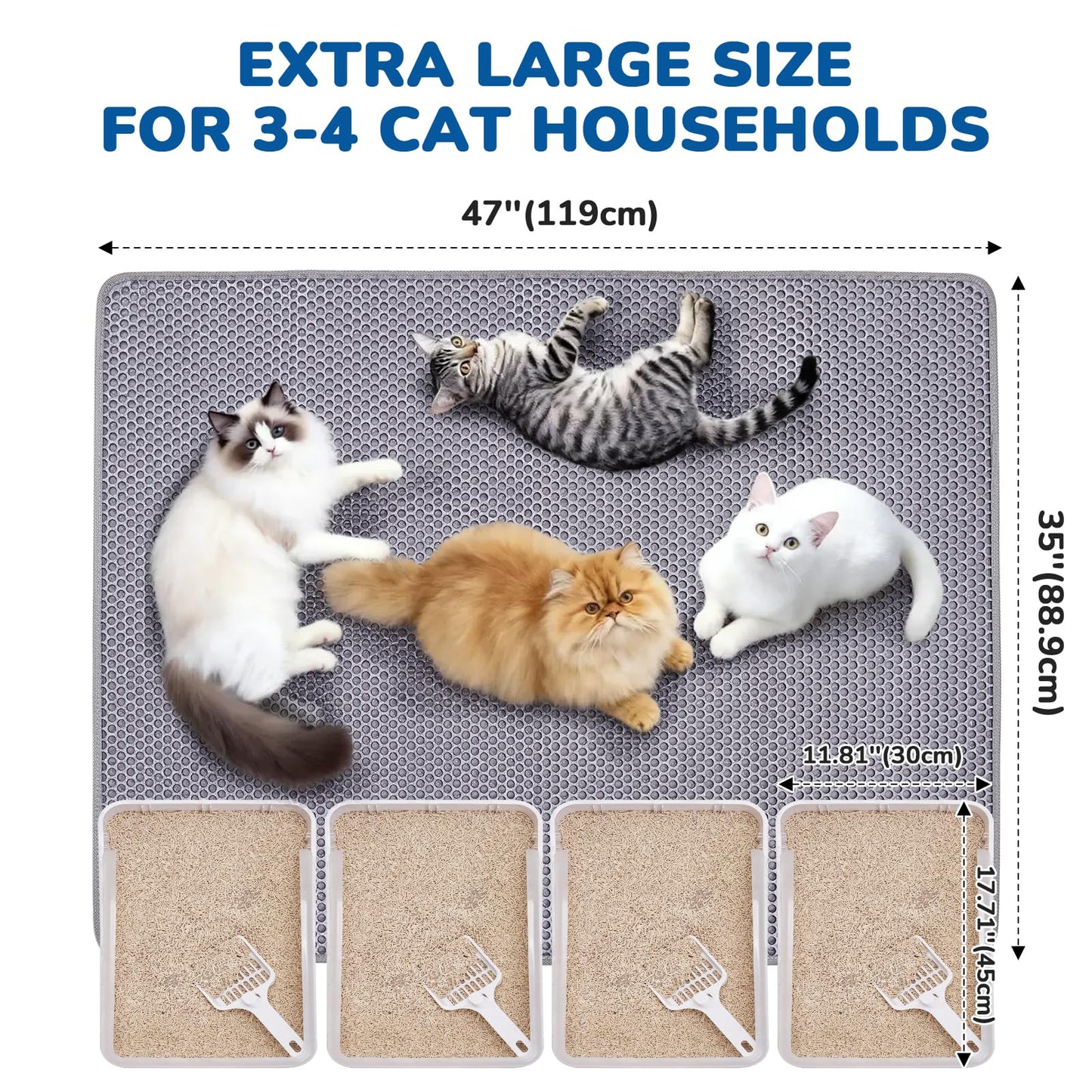 BurgeonNest Cat Litter Mat 119x89cm, Upgraded Felt & Fabric Material Tapis Litiere Chat for Fewer Creases, Urine-Proof Machine Washable Double Layer Hold 3-4 Litter Boxes, Non-Slip, Soft on Paws, Grey