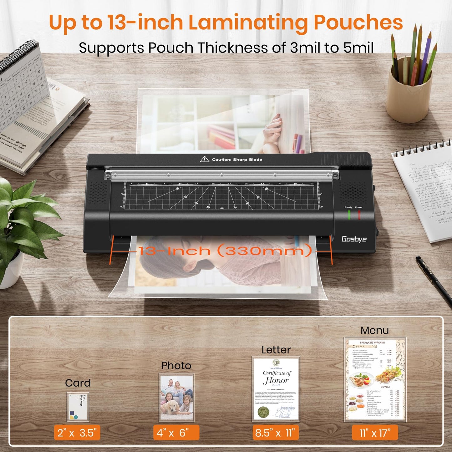 Gasbye 13-Inch Laminator Machine with Steel Paper Cutter, Thermal Cold Laminator with 13 Laminating Sheet, Corner Rounder, Jam Release Button for Home, Office, School, Teachers Use, Black