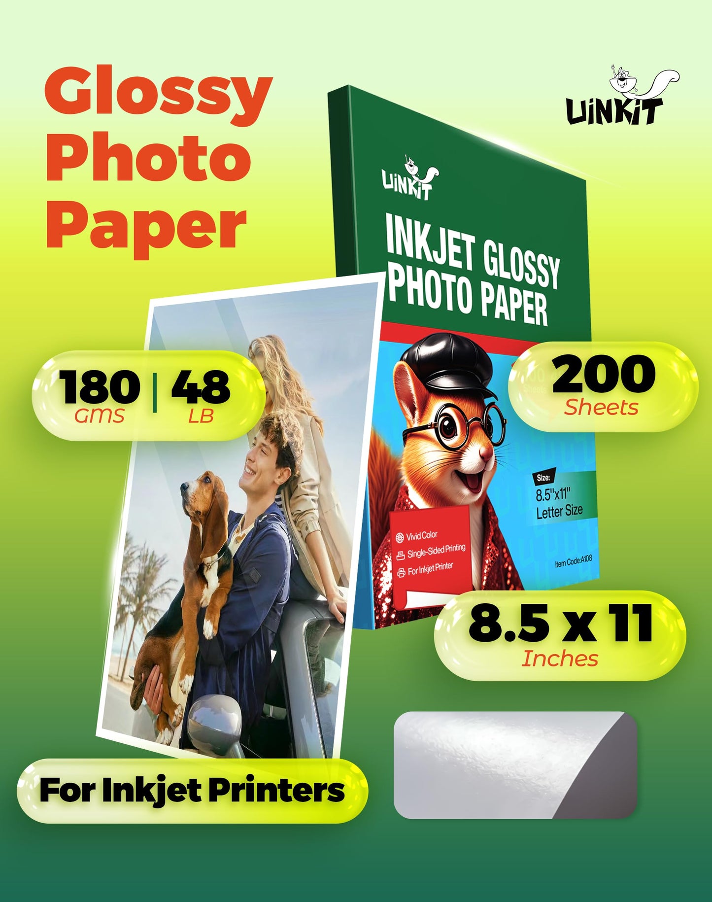 Uinkit Glossy Inkjet Photo Paper 8.5x11 Inches 200 Sheets 48lb Dye Ink 180Gsm Professional Photographic Paper Letter Size 8.5mil Instant Dry Suitable for All Dye Ink Printers (8.5"x11"x200Sheets)