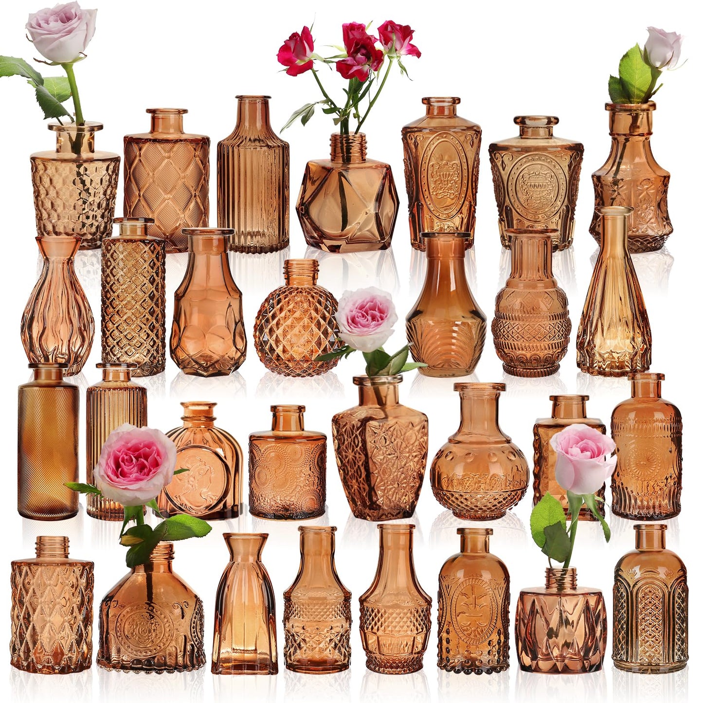 BIGIVACA Glass Bud Vases Set of 30 - Small Amber Flower Vase for Wedding Centerpieces, Home Decor, Party Decorations