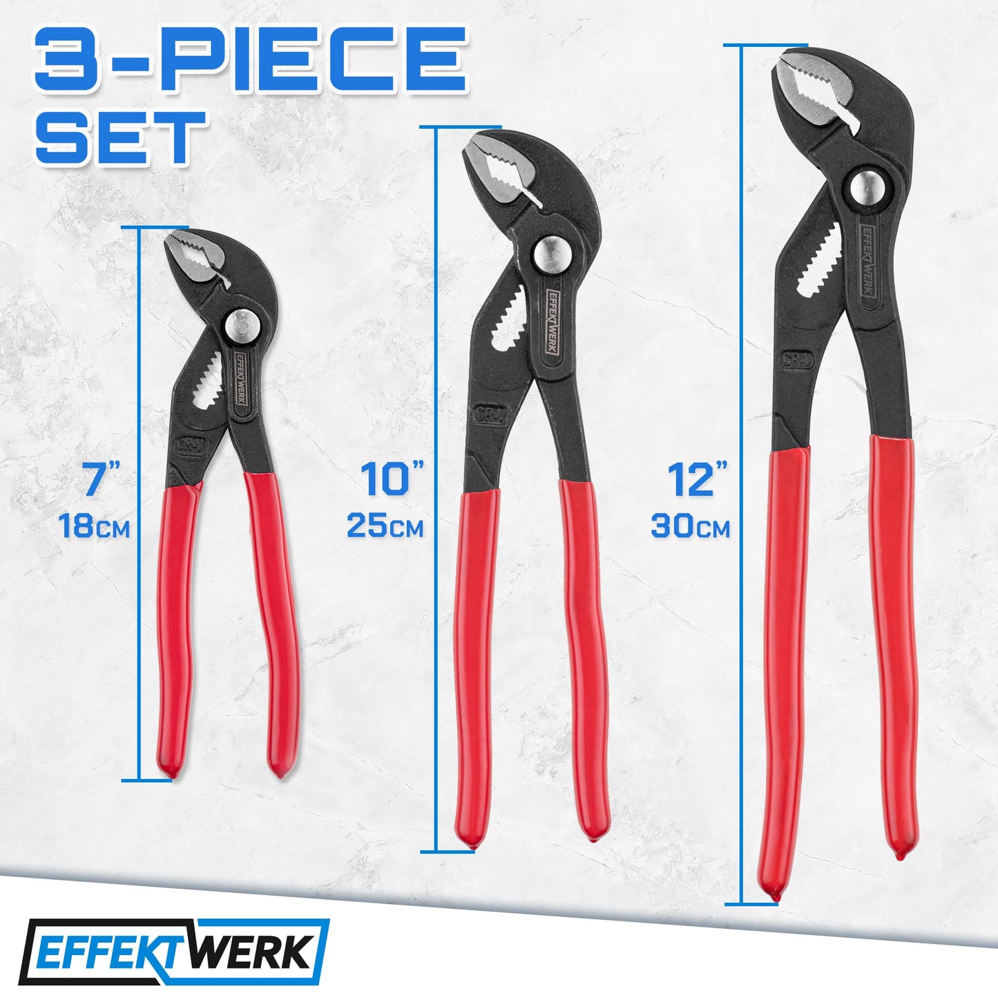 E•Werk - 3-Pc Water Pump Pliers Set - 7", 10", 12" - Non-Slip Plumbers Wrench - Tongue & Groove Pliers - Pipe Grips w/Adjustable Jaws & Ergonomic Handles