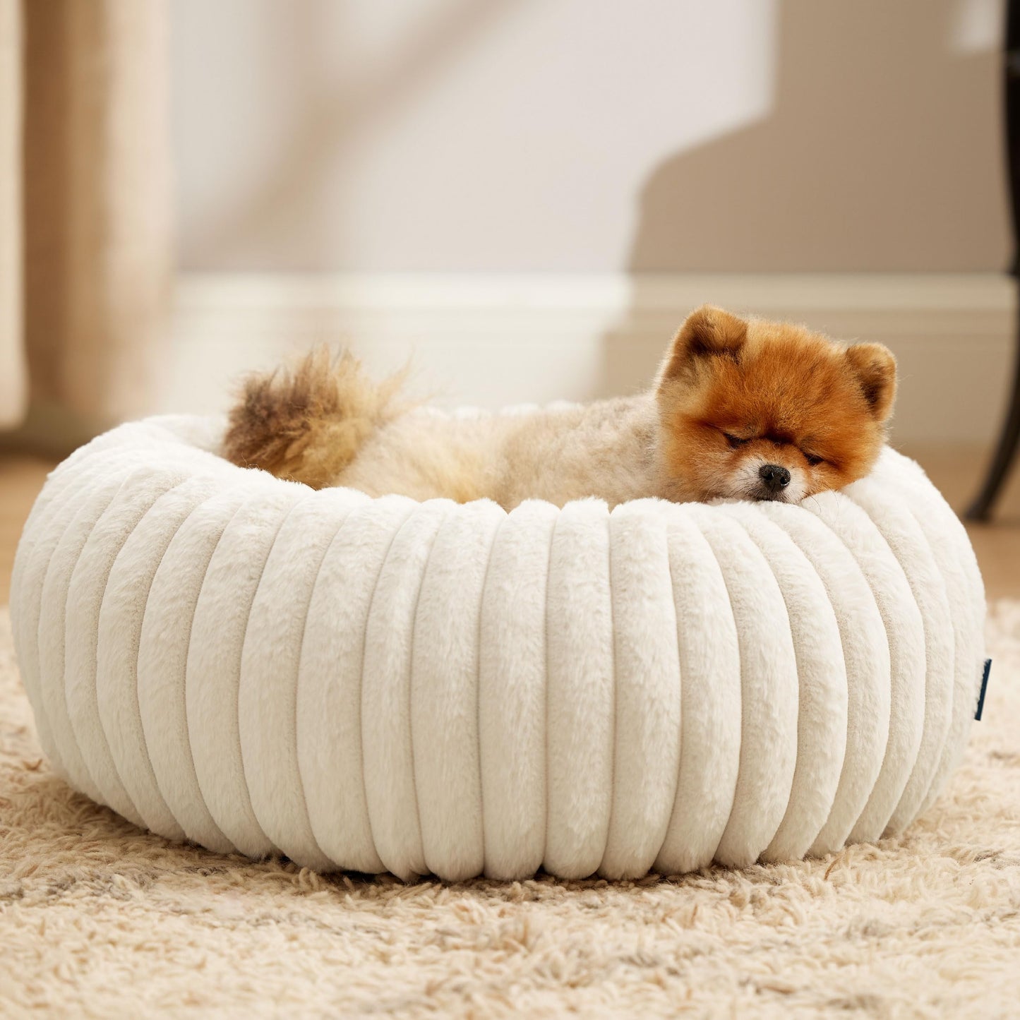 Bedsure Donut Small Dog Bed - Dog Beds for Small Dogs with Corduroy Fleece & Anti Slip Bottom, Round Faux Fur Pet Beds with Washable Removable Cover, Cream, 23Inches