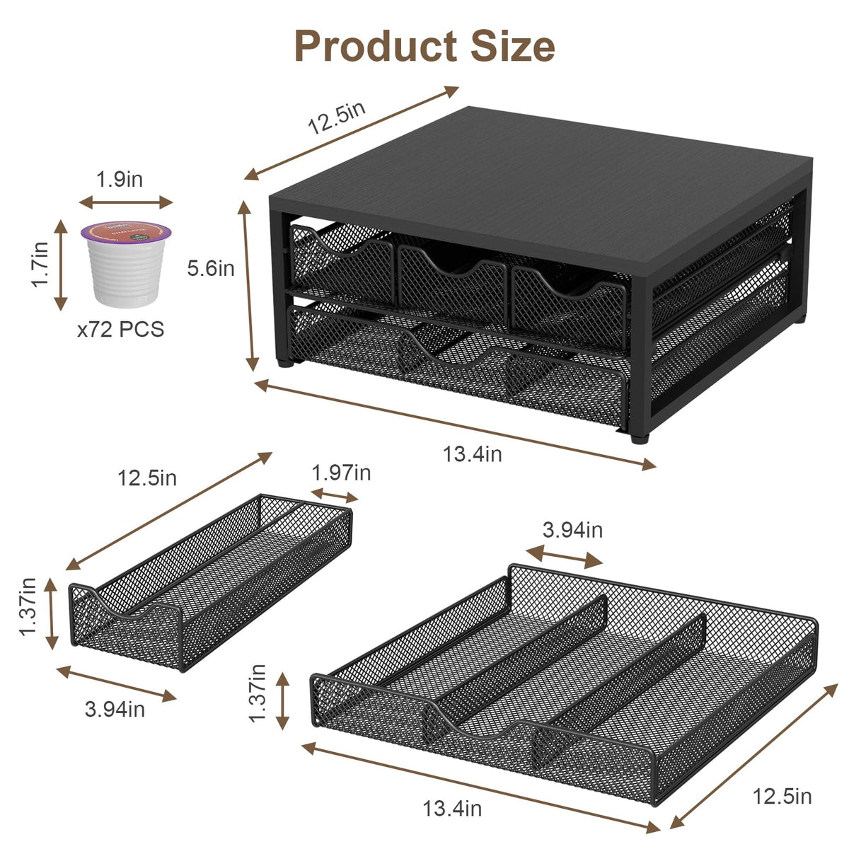 Coffee Pod Holder For Counter, 3 Pull-Out 72 K-Cup Holder Drawer, Wooden Cafe Pods Storage Organizer with Sliding Drawers for Coffee Station, Home, Kitchen, Office, Dorm, Black (Black)
