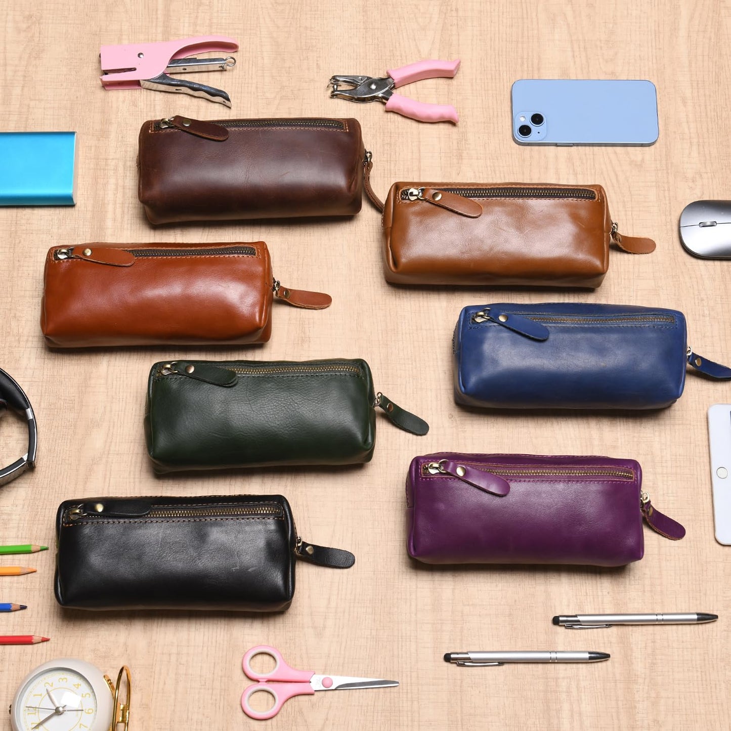 Wonderpool Pen Case Real Leather Pencil Pouch Markers Holder Big Capacity Bag with Side Zippered Pocket Sleeve for Stationery Makeup Utensils Tool Organizer (Blue)