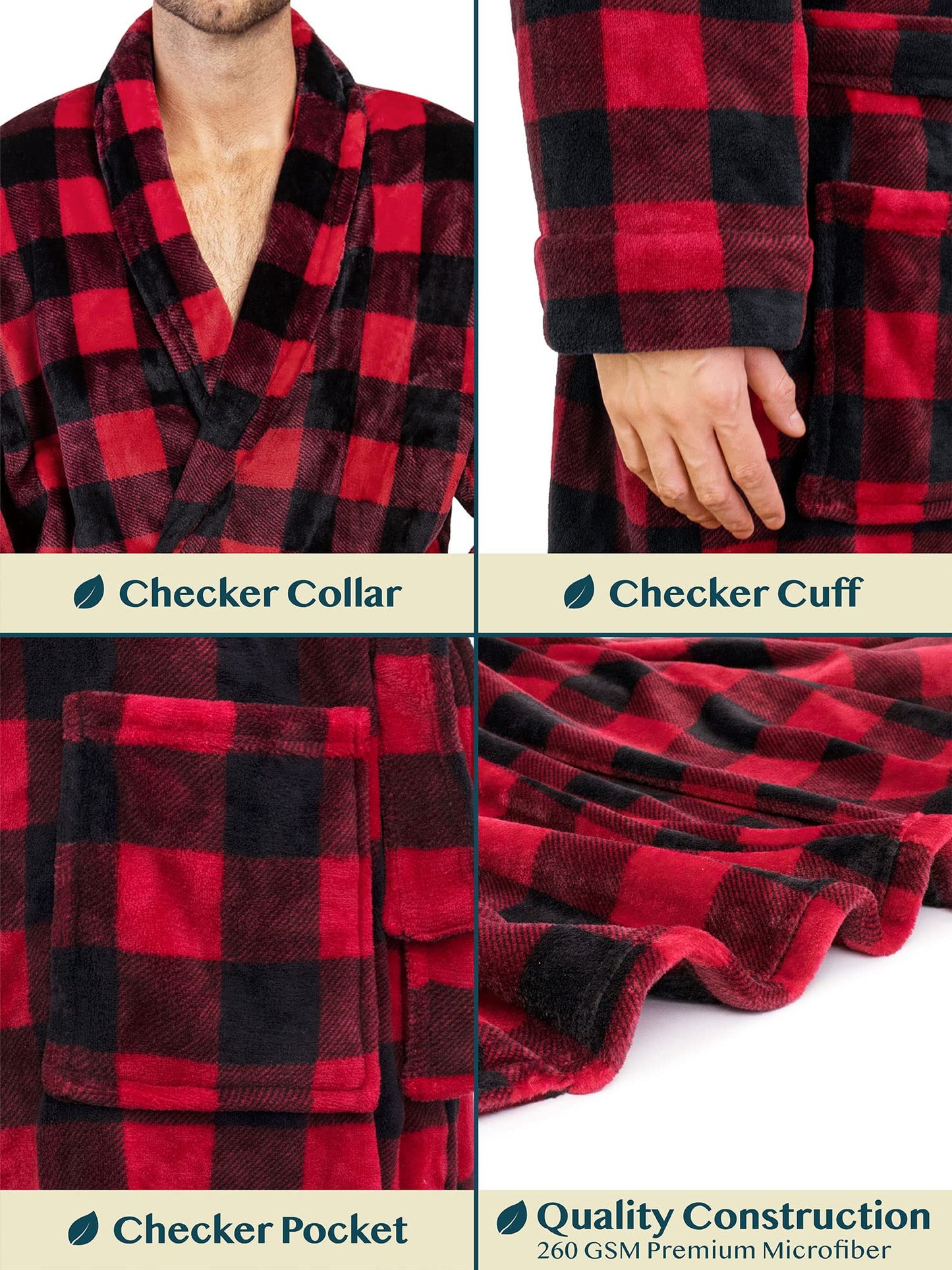 PAVILIA Mens Soft Robe | Warm Fleece Robes for Men, Soft Spa Bathrobe with Shawl Collar and Pockets, Plaid Red, Large-X-Large