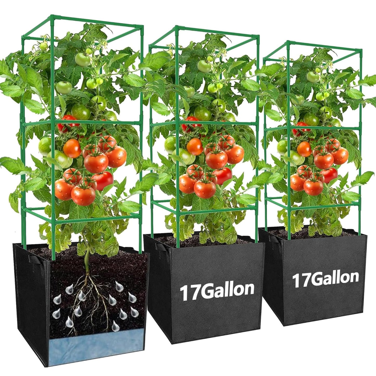 3 Packs 47 x 16 x 16 Inch Garden Tomato Cages with 17.7 Gallon Grow Bags- Square Plant Support Trellis Assembled with Felt Planter Bags- Garden Cucumber Vegetables Frames for Vertical Climbing Plants