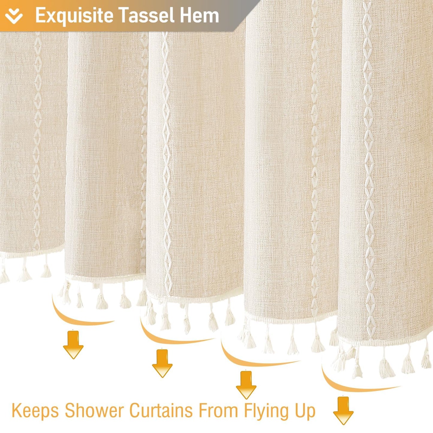 BTTN Boho Farmhouse Shower Curtain, Linen Rustic Bohemian Striped Cloth Shower Curtain Set with Tassel, Water Repellent, Modern Vintage Country Fabric Shower Curtains for Bathroom, Cream/Beige, 72x72