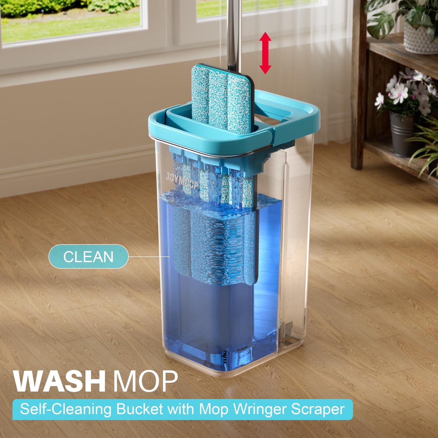 JOYMOOP Mop and Bucket Set with Wringer, with 5 Reusable Microfiber Mop Pads, mops for Floor Cleaning and Wall Cleaning, Hands-Free Flat mop for Home use - Grey+Cyan Blue