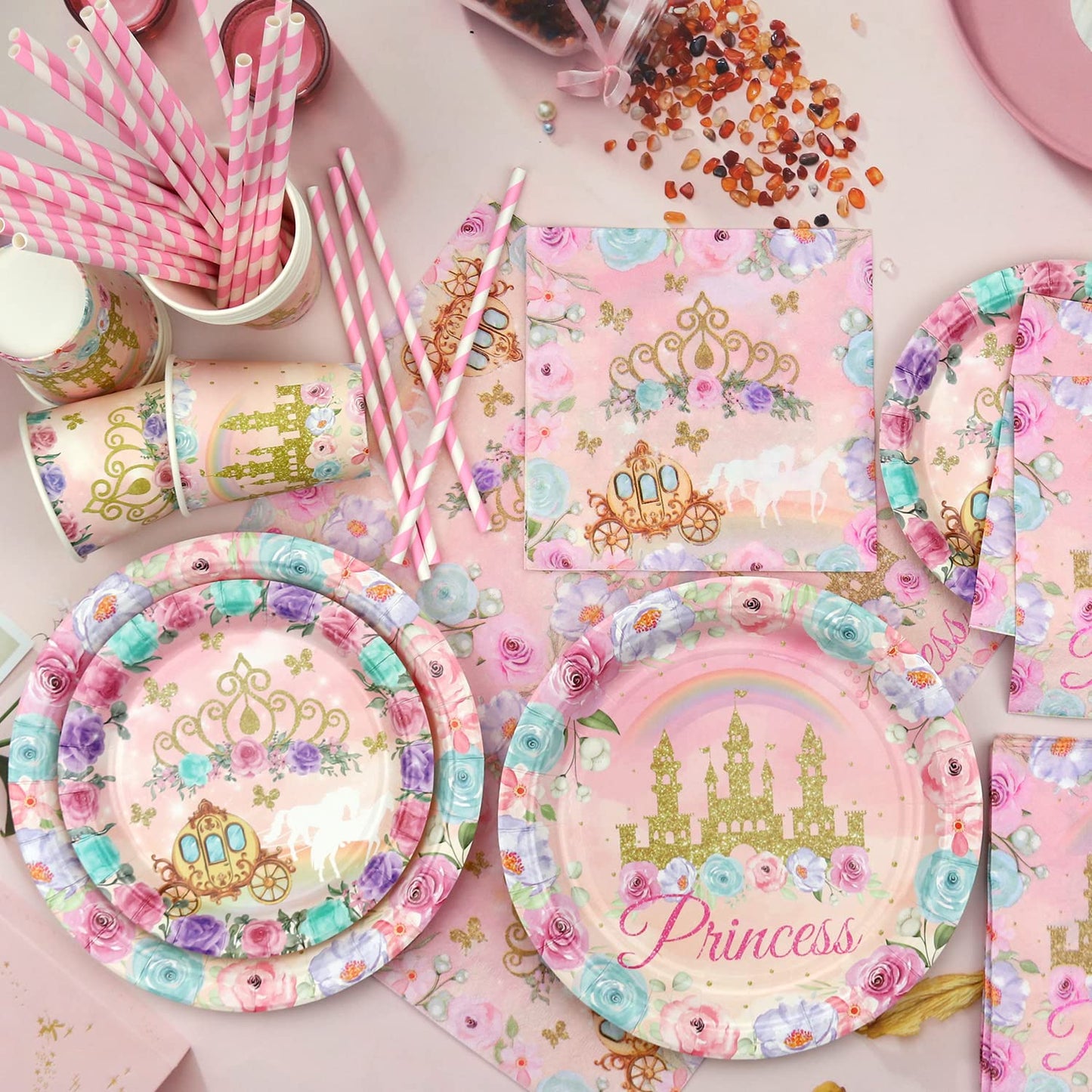 Princess Birthday Party Supplies, Includes Backdrop Banner, Plate, Napkins, Cake Toppers, Crown, Wands, Tablecloth, Balloons, for Girls Princess Baby Shower Decorations Serve 20 Guests
