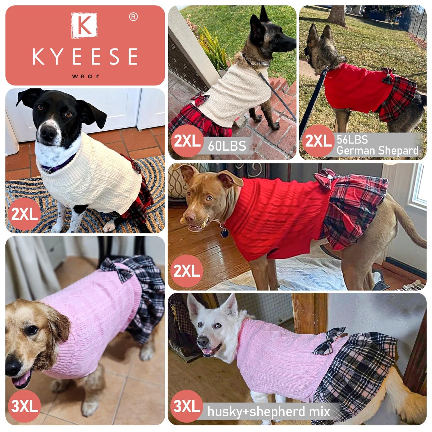 KYEESE Dog Sweater Pullover Dog Sweaters for Large Dogs Soft Turtleneck Pet Sweater Dress with Bowtie Warm Comfy Pet Coats Thick Dogs Clothes, White, XXX-Large