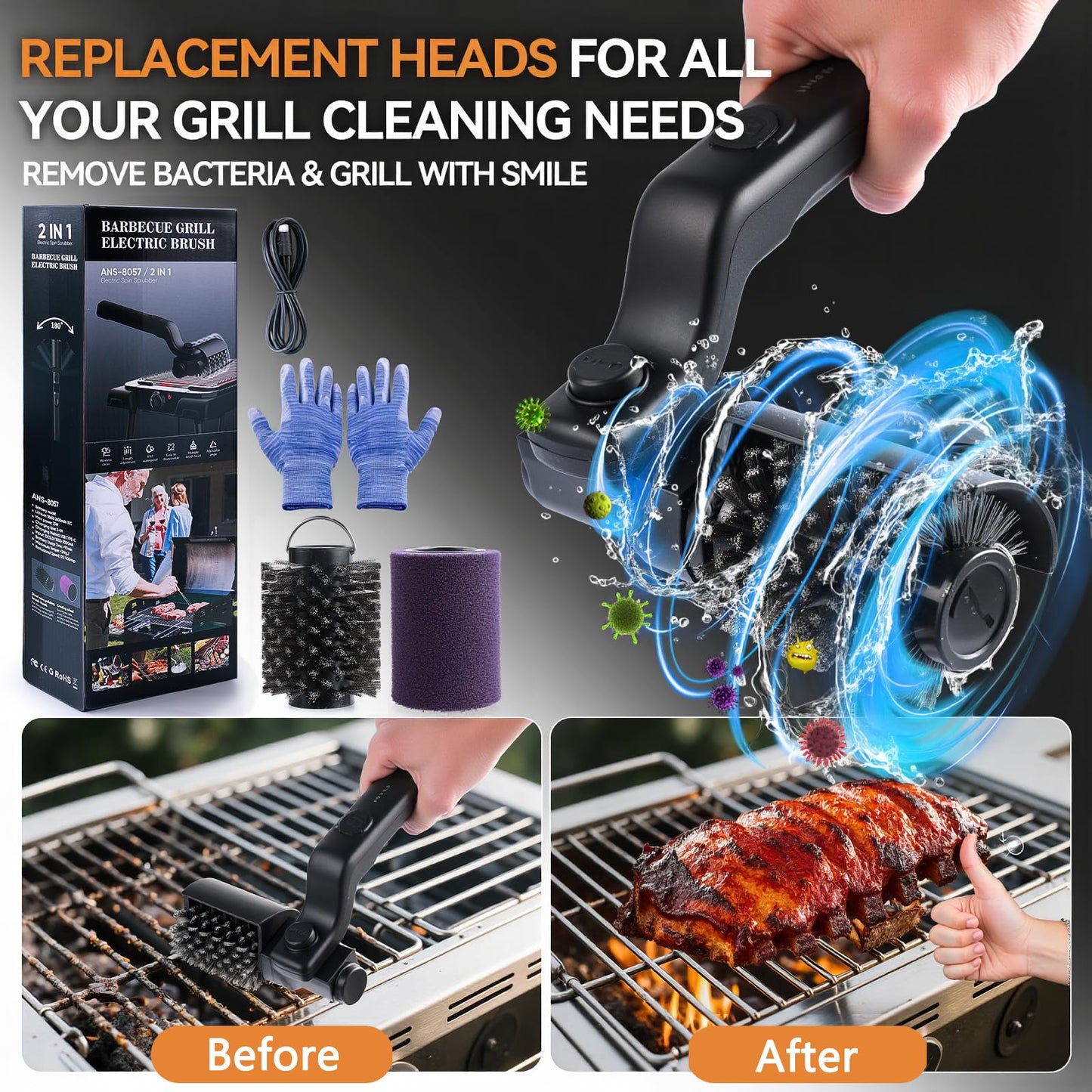 PUVIRECN Electric Grill Cordless Cleaning Brush, Upgraded AS SEEN ON TV! BBQ Barbecue Scrubber, High Torque 25W Motor & MAX 400RPM, Dual Heads & Splash Guard