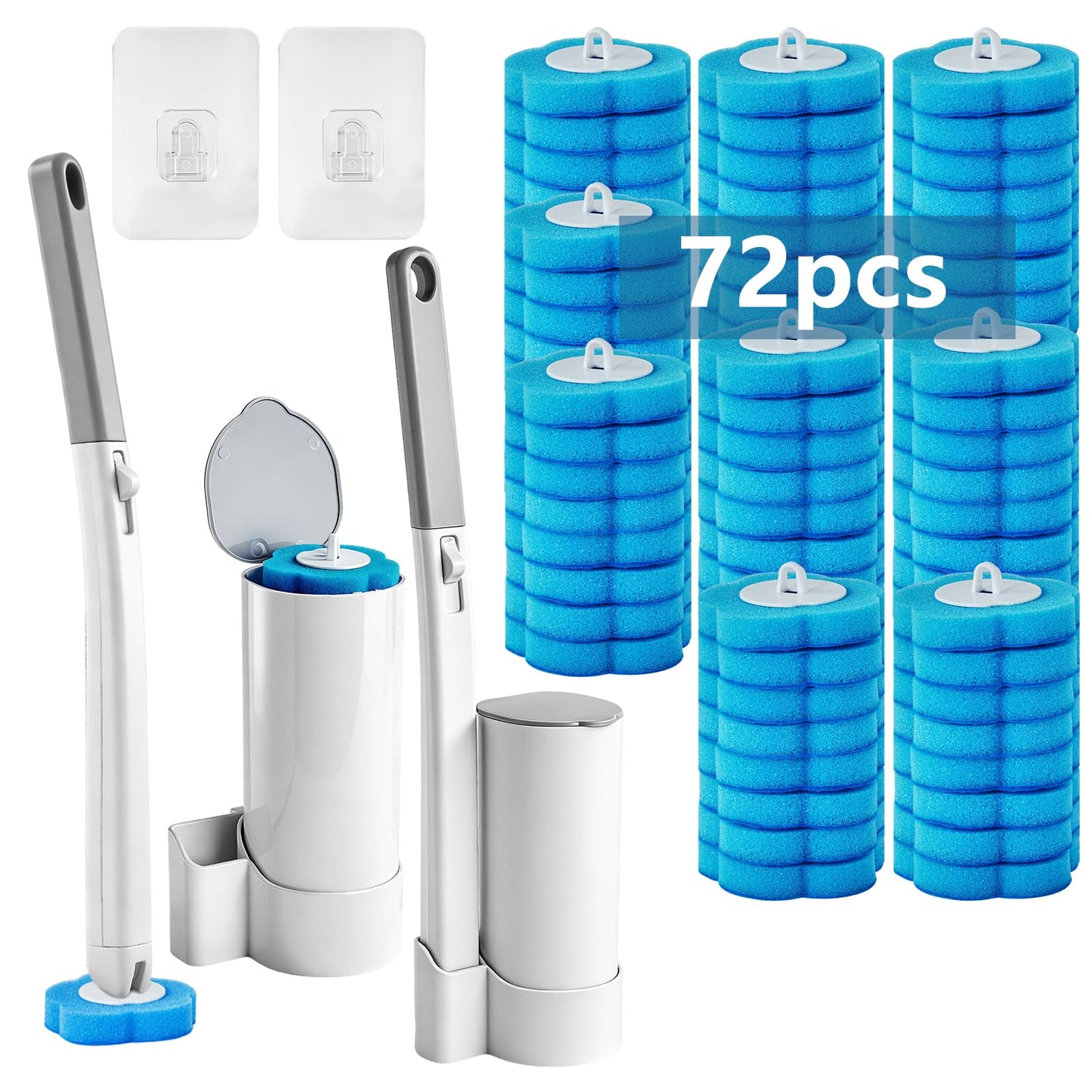 Disposable Toilet Brush with 2 Sets of Wands and 72 Toilet Brush Refills, Wall Mounted Toliet Stick Wand Starter Kit for Toilet Bowl Cleaners, Bathroom Cleaning, Bathtub