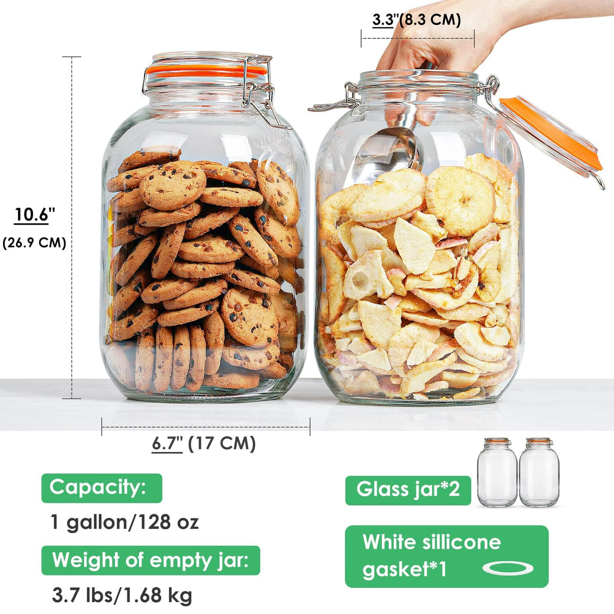 Qianfenie Glass Jars with Airtight Lids, 2 Pack - 1 Gallon Wide Mouth Mason Jars with Hinged with 1 Replacement Silicone Gaskets for Fermenting, Canning,Picking, Preserving, Storing