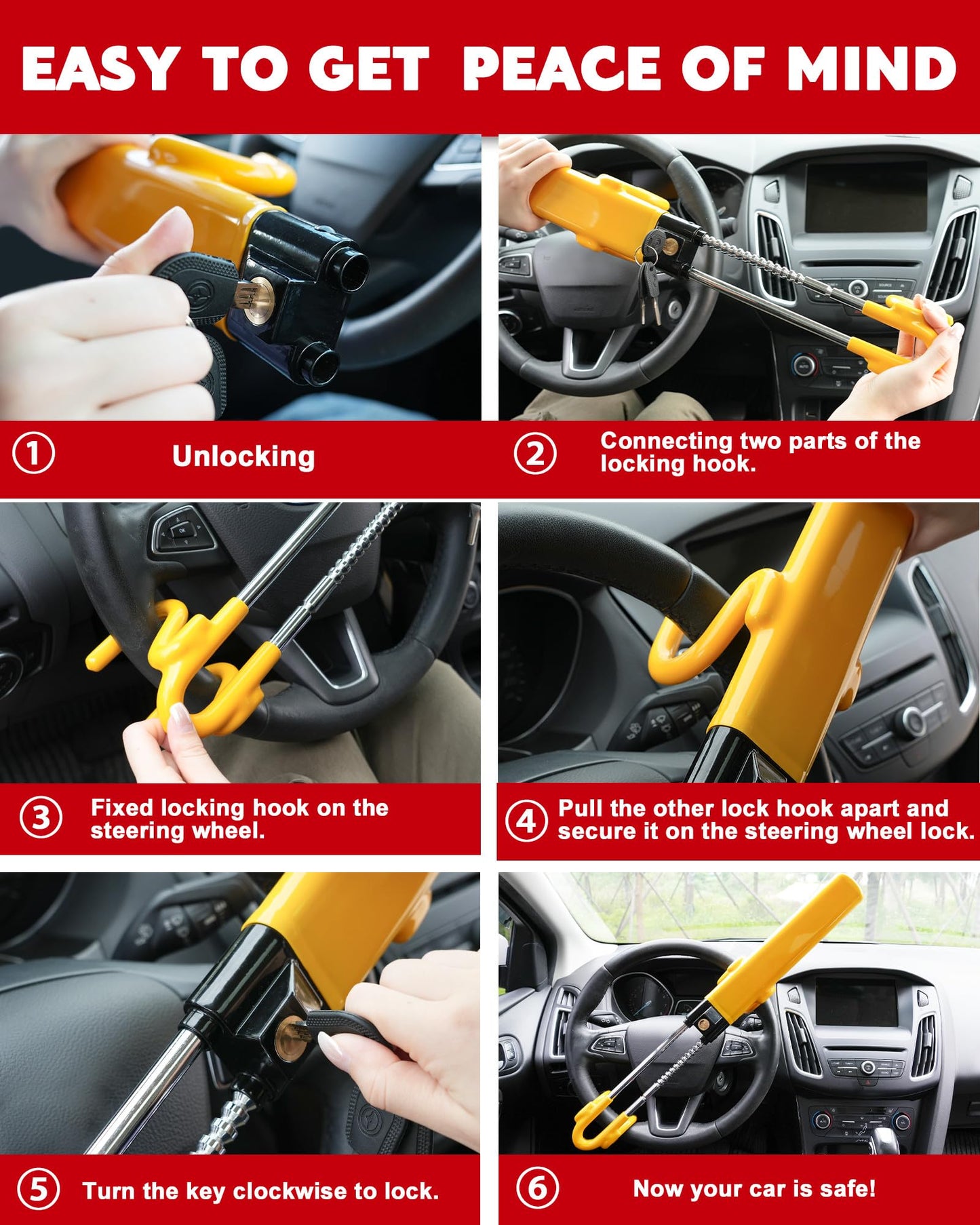 Tevlaphee Steering Wheel Lock Anti-Theft Car Device Heavy Duty Security Car Lock Antitheft Locking Devices Great Deterrent Adjustable Car Wheel Lock Anti Theft for Vehicle Truck with 3 Keys(Yellow)