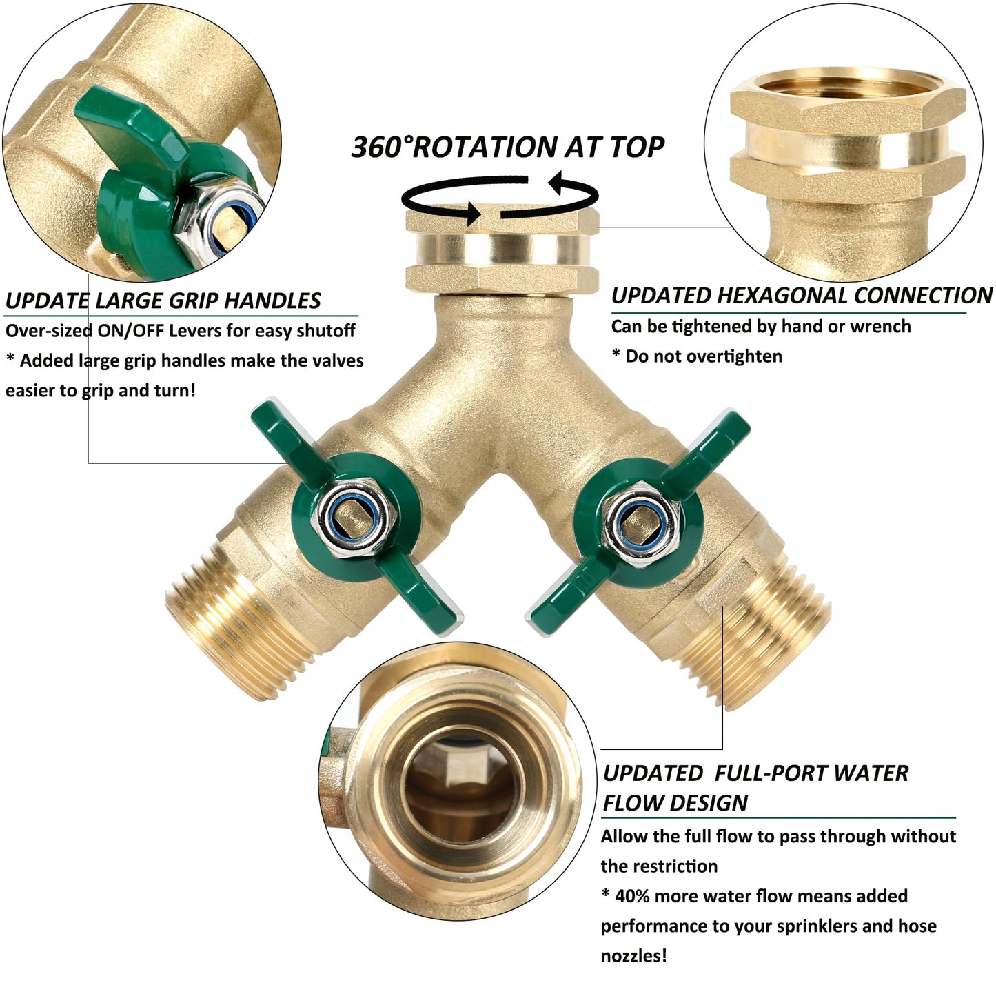 STYDDI Brass Garden Hose Splitter Full Flow, Heavy Duty Hose Splitter 2-Way High Flow, All Metal Hose Y Splitter with Shutoff, Outdoor Faucet Splitter Hose Connector, Water Hose Y Valve Tap Adapter