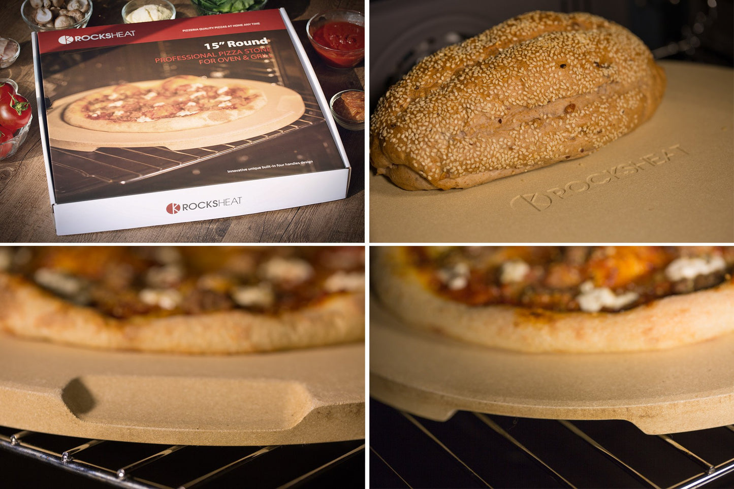 ROCKSHEAT Pizza Stone Made of Cordierite for Pizza & Bread Baking Grilling. Perfect for Oven or Grill. Innovative Unique Double - Faced Built - in 4 Handles Design (Round 15"x0.67")