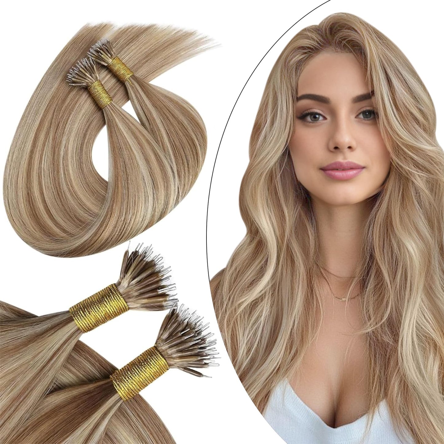 Ugeat Nano Bead Hair Extensions Human Hair Golden Brown Highlights Bleach Blonde Nano Tip Human Hair Extensions for Women Nano Link Hair Extensions Human Hair 18inch 50G 50S