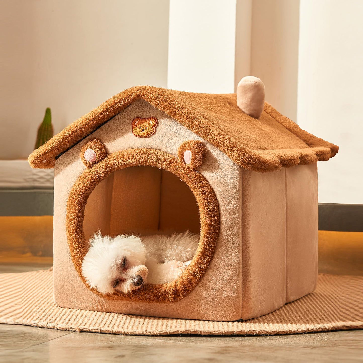 JIUPETY Cute Small Dog House Indoor, Foldable House Kennel Bed Mat with Cushion, L Size Tent Up to 25 Lbs, Dog Cave Bed with Non-Slip Bottom, Brown