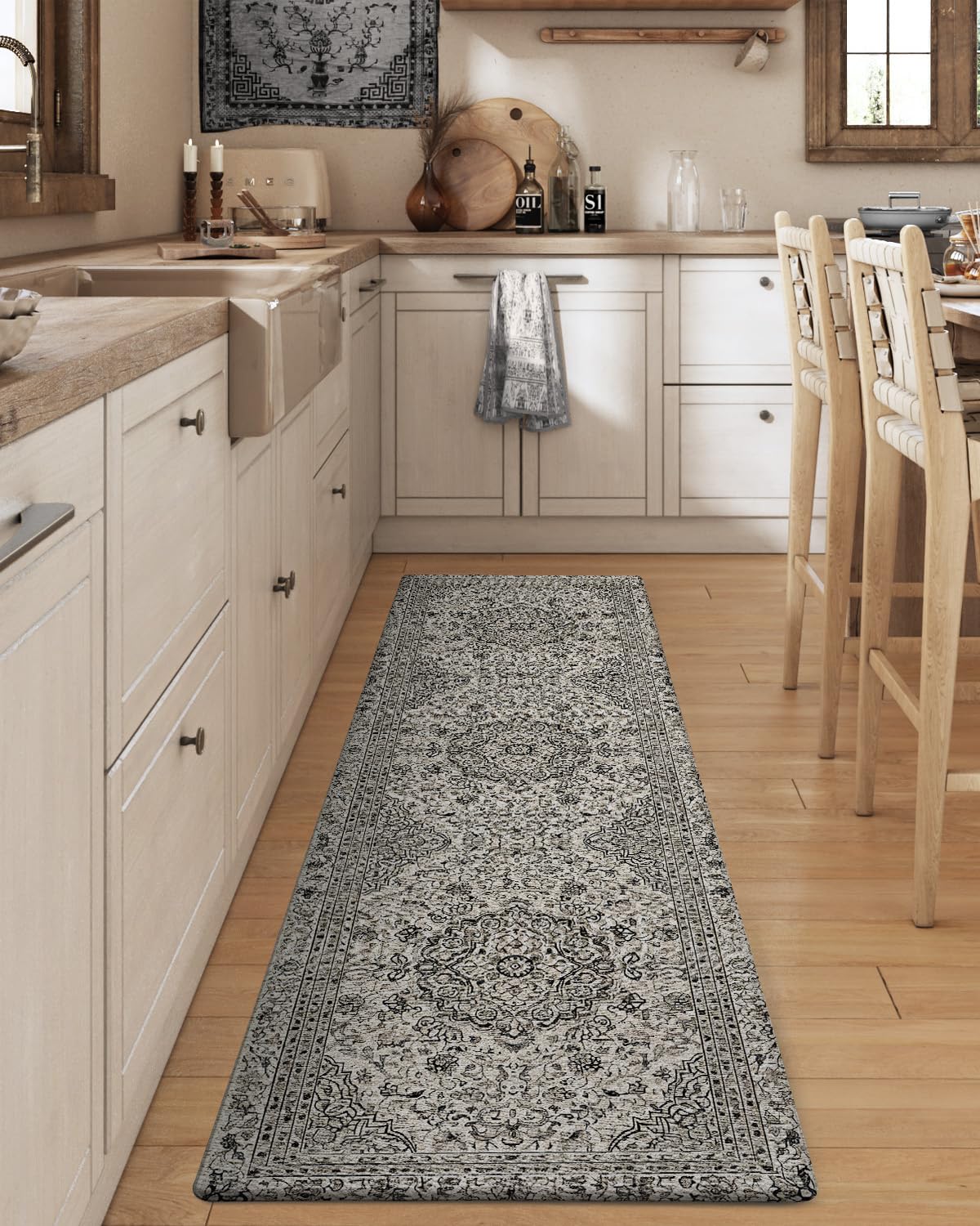 DEXI Kitchen Mats for Floor Anti Fatigue, 23x86 Long Runner Rug with Non Slip Back, Cushioned Foam Waterproof Standing Desk Boho Floral Home Decor, Grey