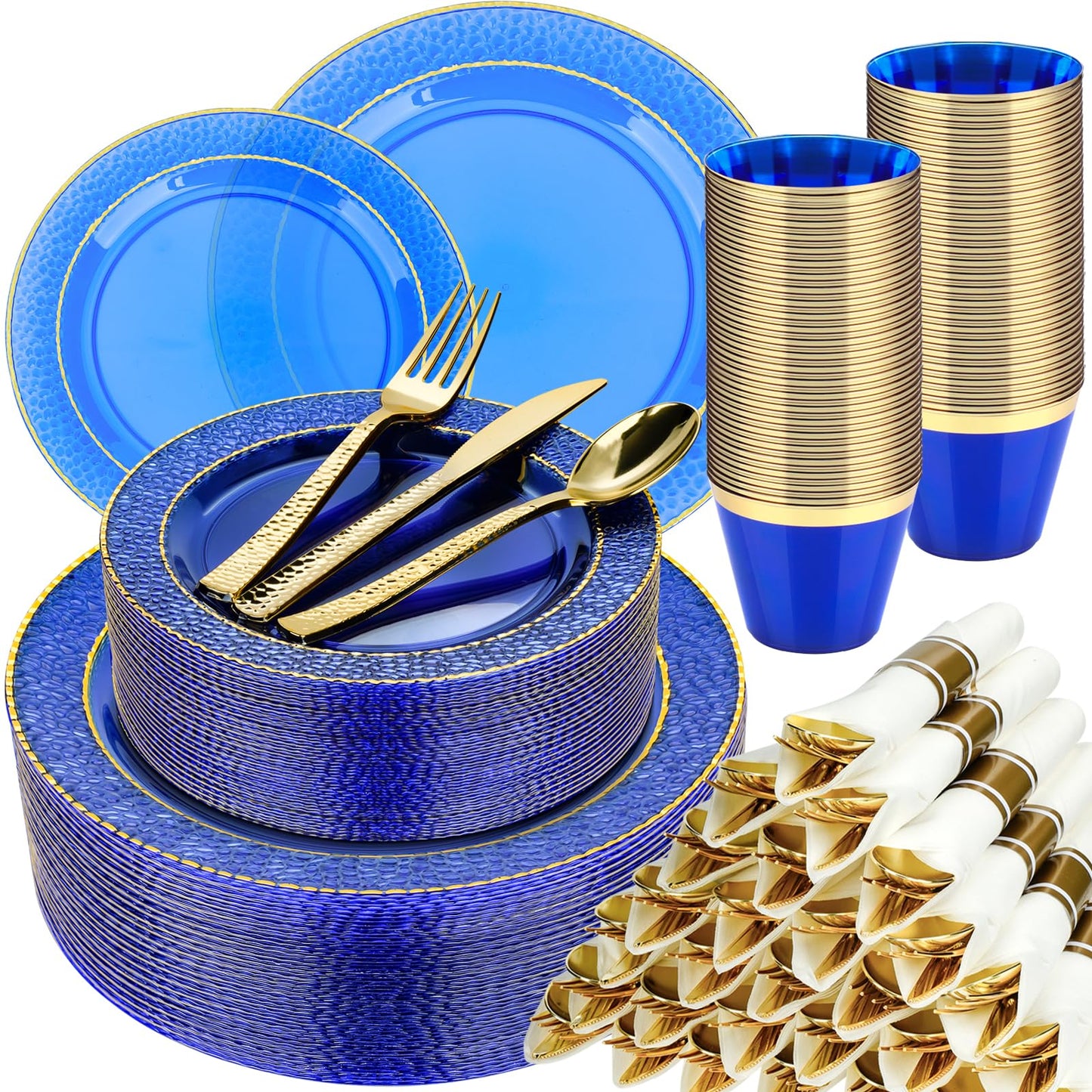 350PCS Clear Blue Plastic Plates for 50 Guests, Disposable Dinnerware Set for Party and Graduation, Includes 100 Plastic Plates, 50 Pre Rolled Napkins with Gold Silverware, 50 Cups