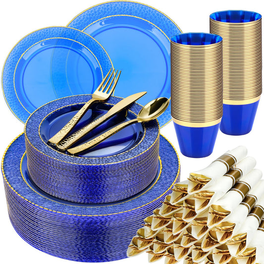 350PCS Clear Blue Plastic Plates for 50 Guests, Disposable Dinnerware Set for Party and Graduation, Includes 100 Plastic Plates, 50 Pre Rolled Napkins with Gold Silverware, 50 Cups
