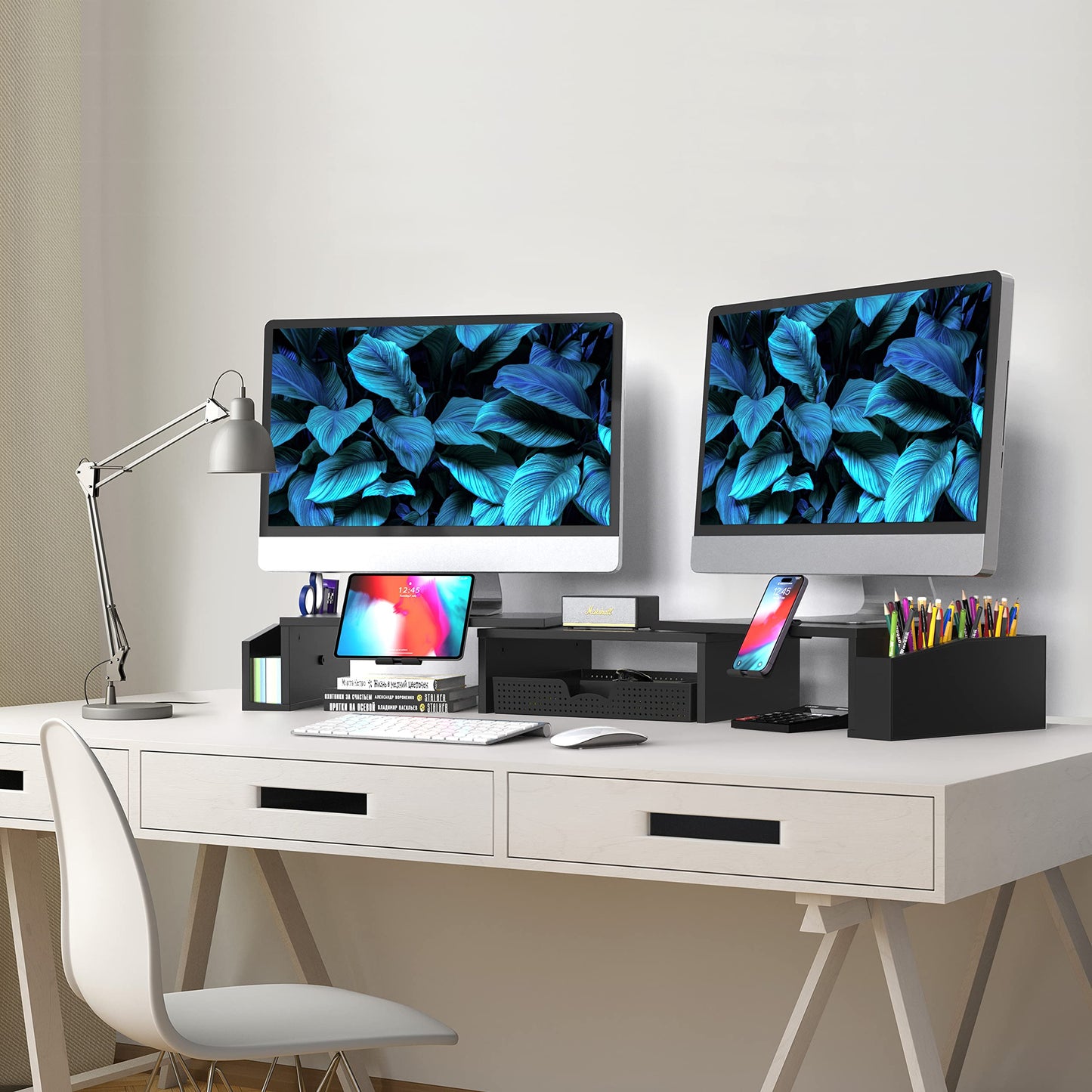 SimpleHouseware Dual Monitor Stand Riser of Adjustable Length and Angle Shelf with Holder and Drawer, Black