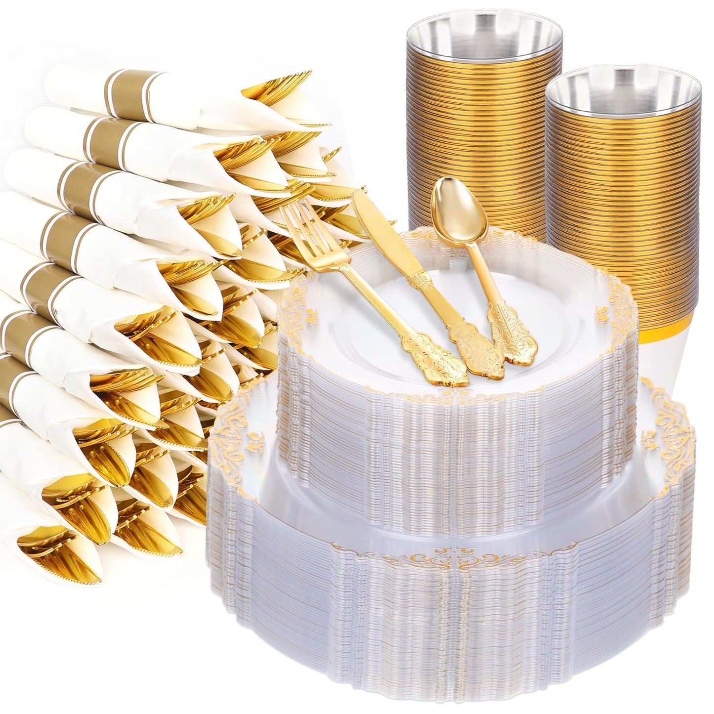 350 Piece Dinnerware Set for Wedding & Party,50 Guest RimPlastic Plates,50 Plastic Silverware,50 Cups,50 Linen Like Napkins (Clear Gold)