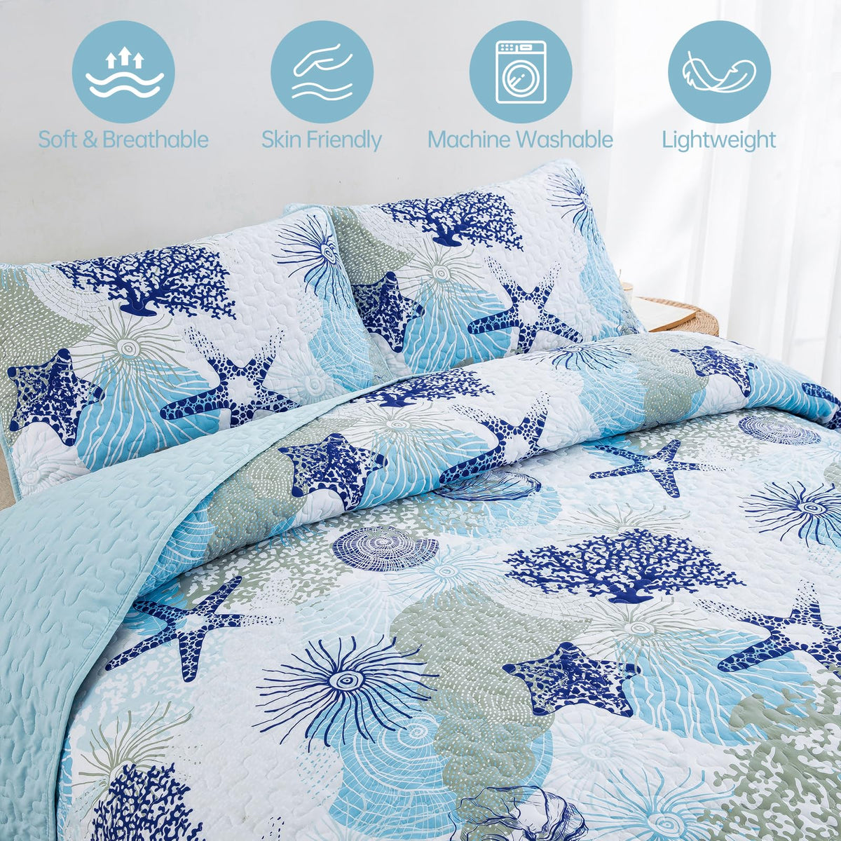 Dinjoy Coastal Quilt Set Queen Size, Blue Ocean Beach Themed Bedding Set Coral Seashell Conch Starfish Pattern Microfiber Lightweight Summer Bedspread Coverlet Bed Set All Season (96x90 Inch)