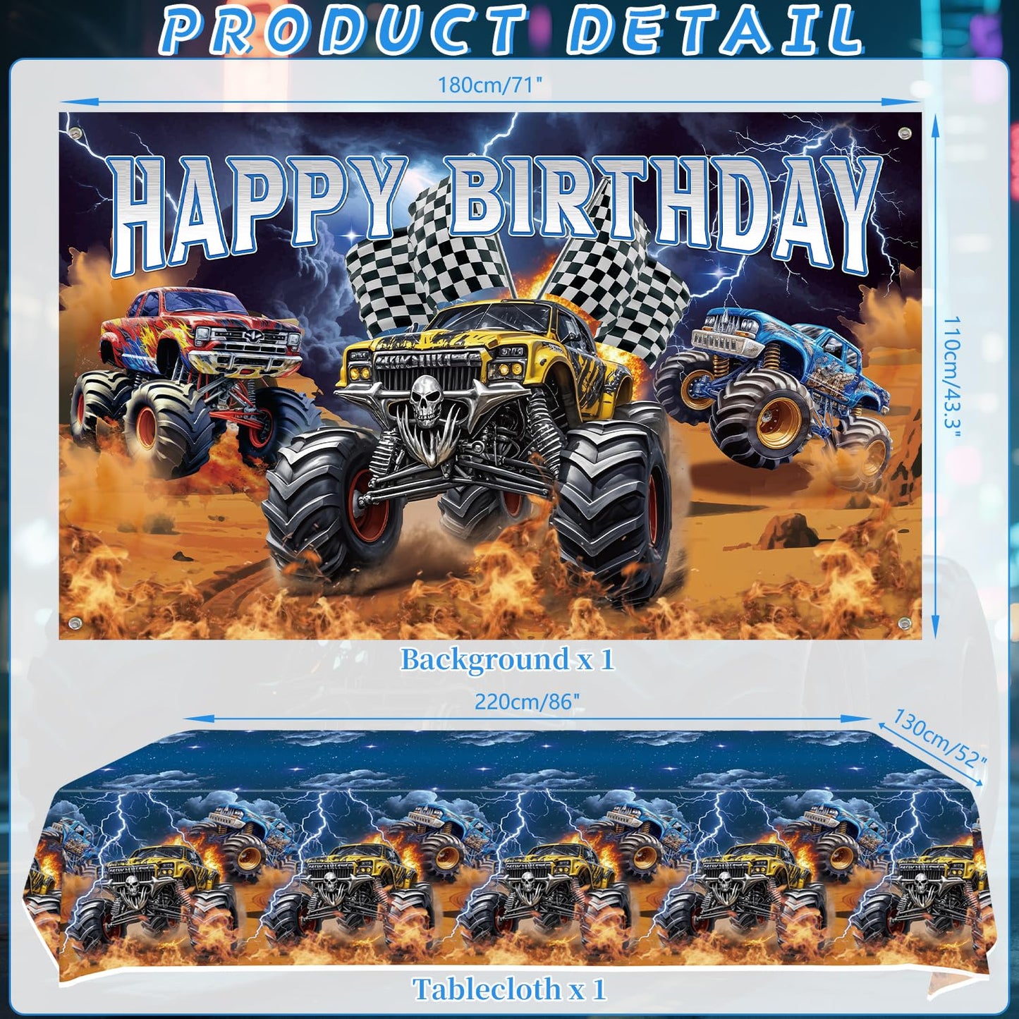 Obussgar Monster Truck Birthday Party Decorations - Monster Truck Party Supplies including Backdrop, Plate, Cake Topper, Cup, Napkin, Balloon, Tablecloth - Serves 20 (BJ)