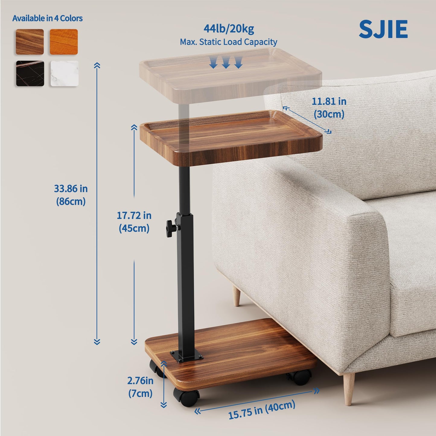 C Table End Table Adjustable Height, 360°Swivel TV Tray Table for Small Spaces, Couch Tables that Slide Under (Walnut-Height Djustable)