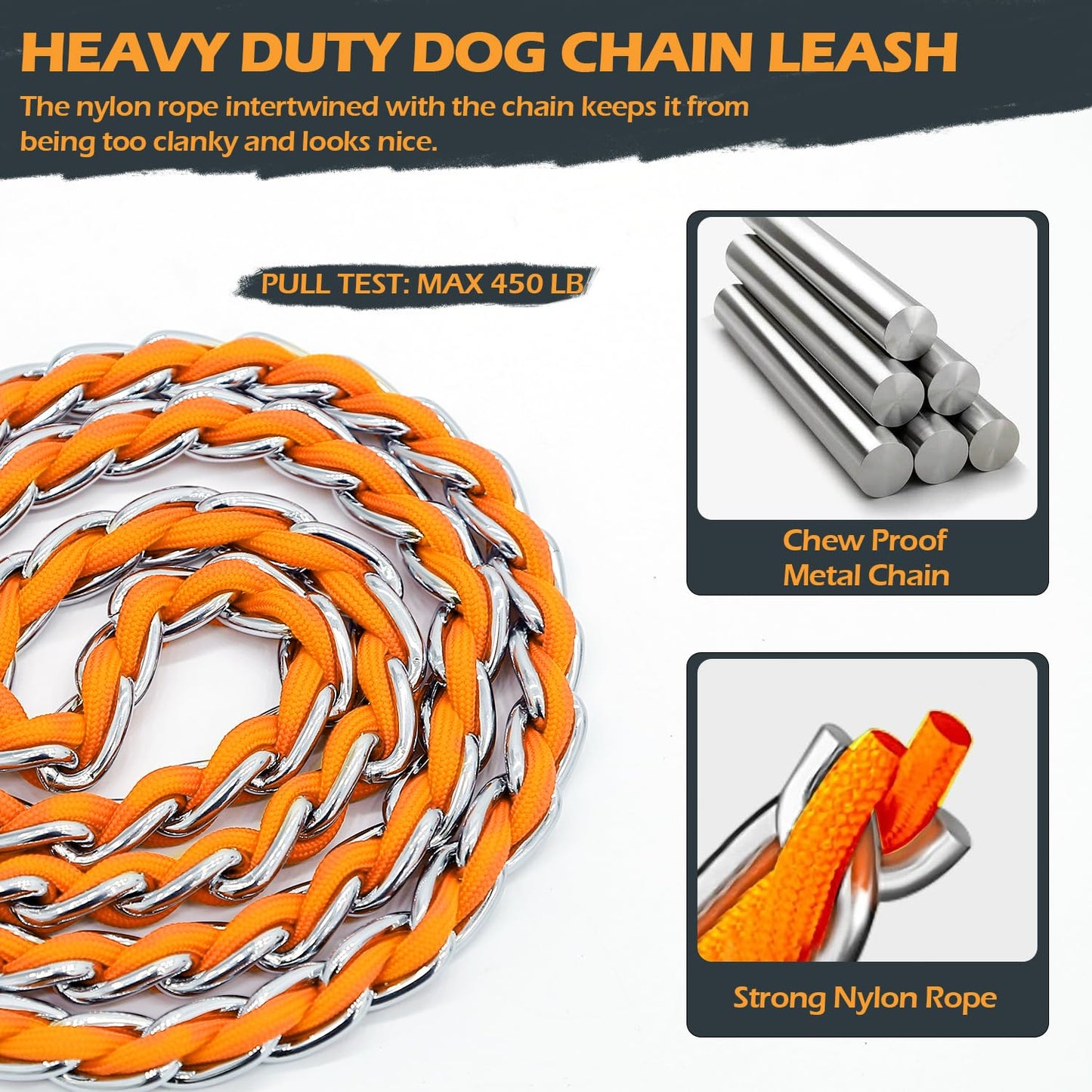 Chew Proof Metal Leash Chain Dog Leash for Medium Large Dogs, Chain Link Dog Leash Anti Chew 5FT Strong Anti Bite Dog Leash Comfortable Soft Padded Handle Orange