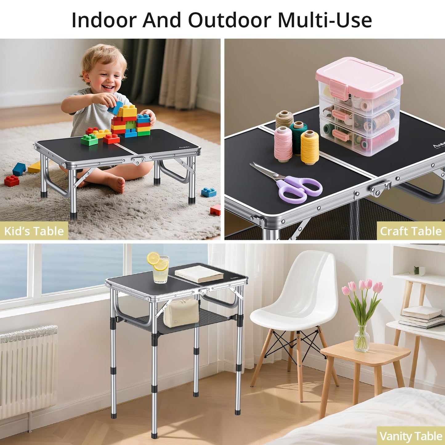 Anbte Folding Camping Table with Storage Net, 3 Adjustable Heights Aluminum Outdoor Tables, Lightweight, Waterproof, for Outdoor Indoor Picnic Beach Kitchen Picnic Backyard, 24" x 16", Black