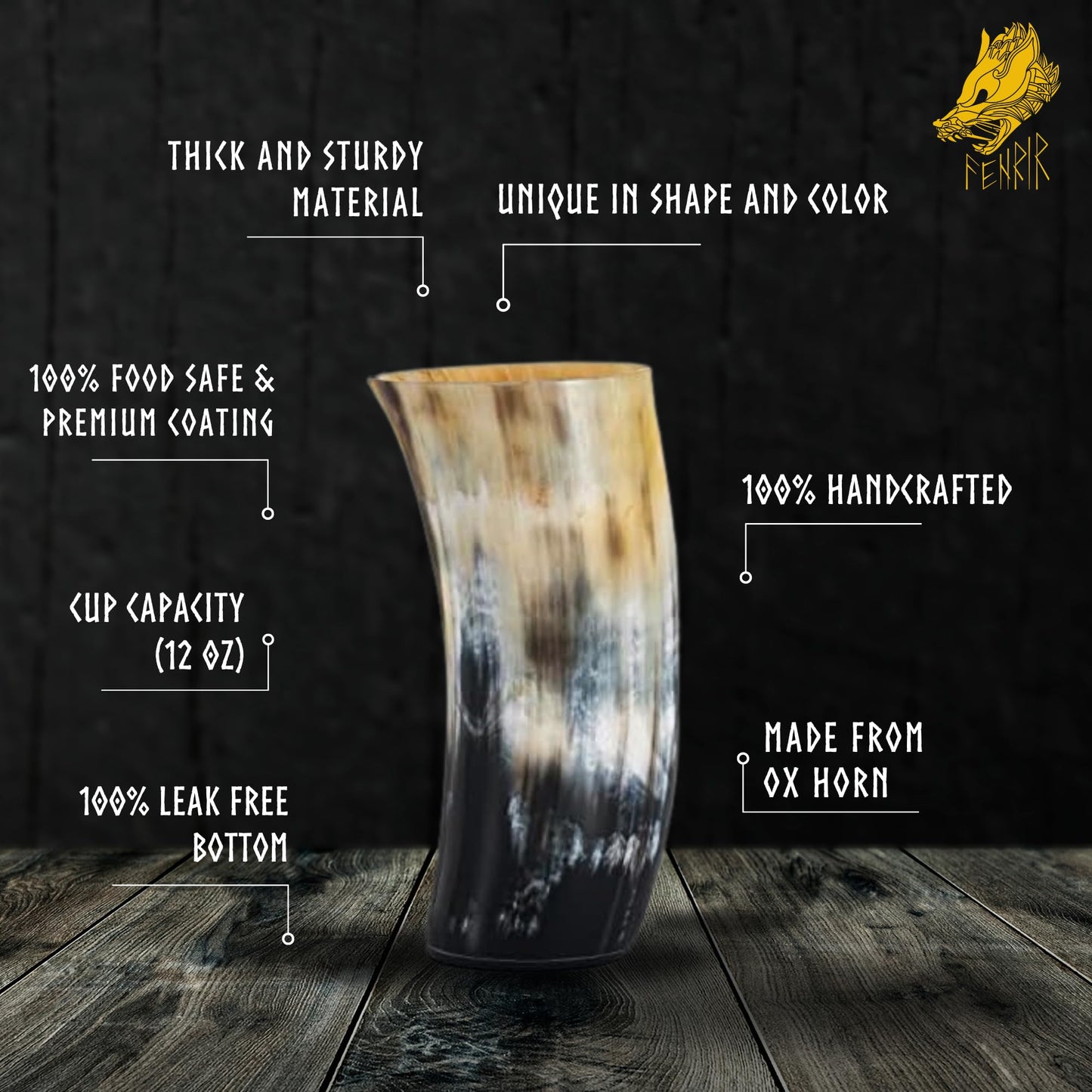 FENRIR Real Horn Beer Glasses with Hammer Opener, Hand Washable Round Beer Glass (Set of 4 Glasses),(6 Inch)