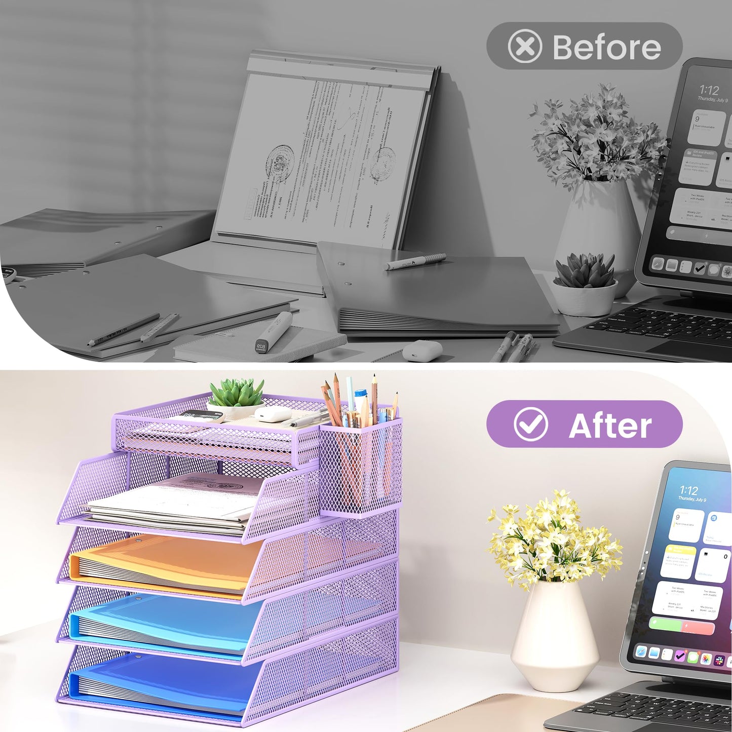 Marbrasse Desk Organizer with 1 Pen Holder, 5-Tier Stackable Paper Tray, Metal Mesh Desk Organizers and Storage for A4 Document, Paper Sorter, Letter Trays for School, Home, Office(Purple)