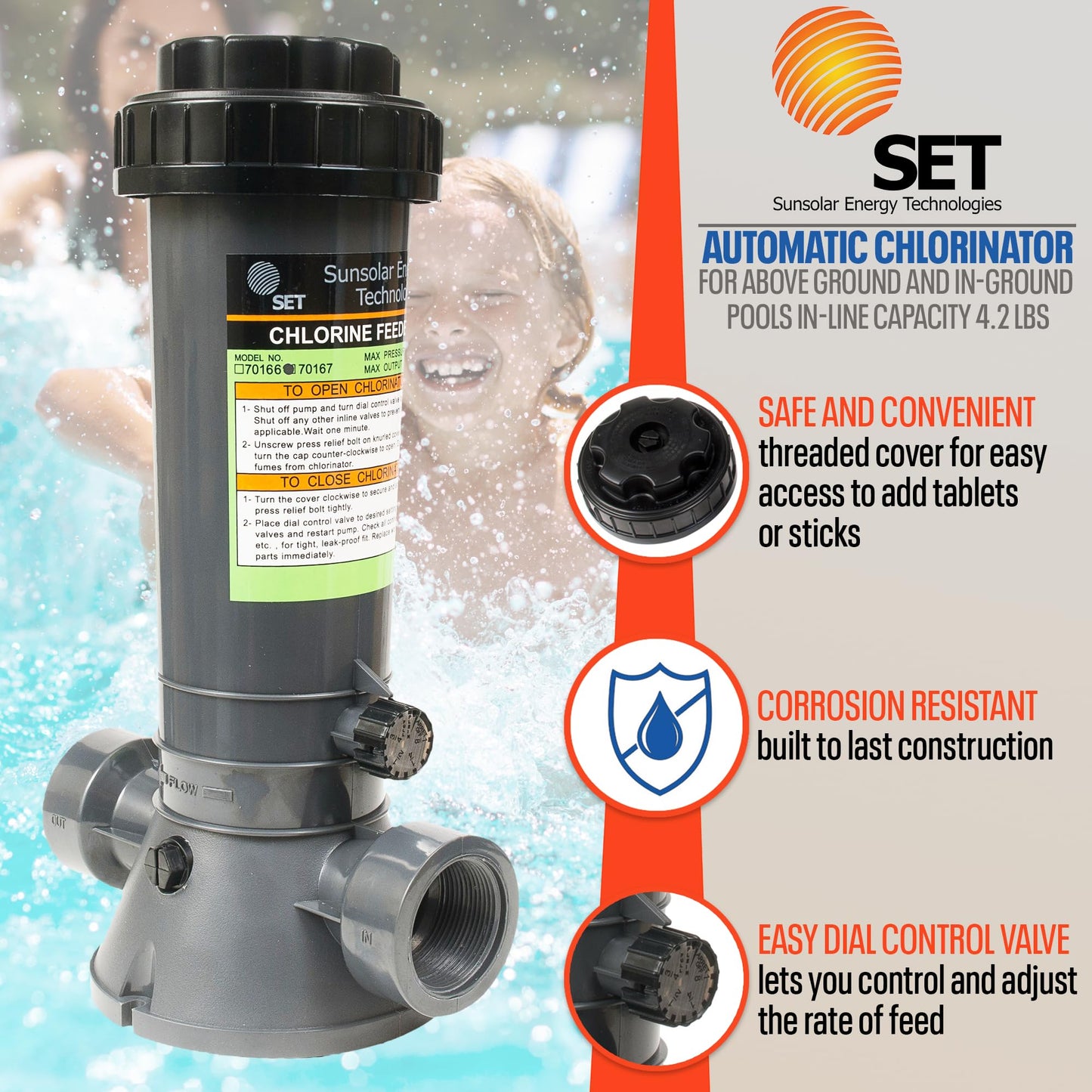 SUNSOLAR Automatic Chlorinator for Above Ground Pools and In-Ground Pools- Free Standing in-Line - Dispenser Holds 4.2lbs