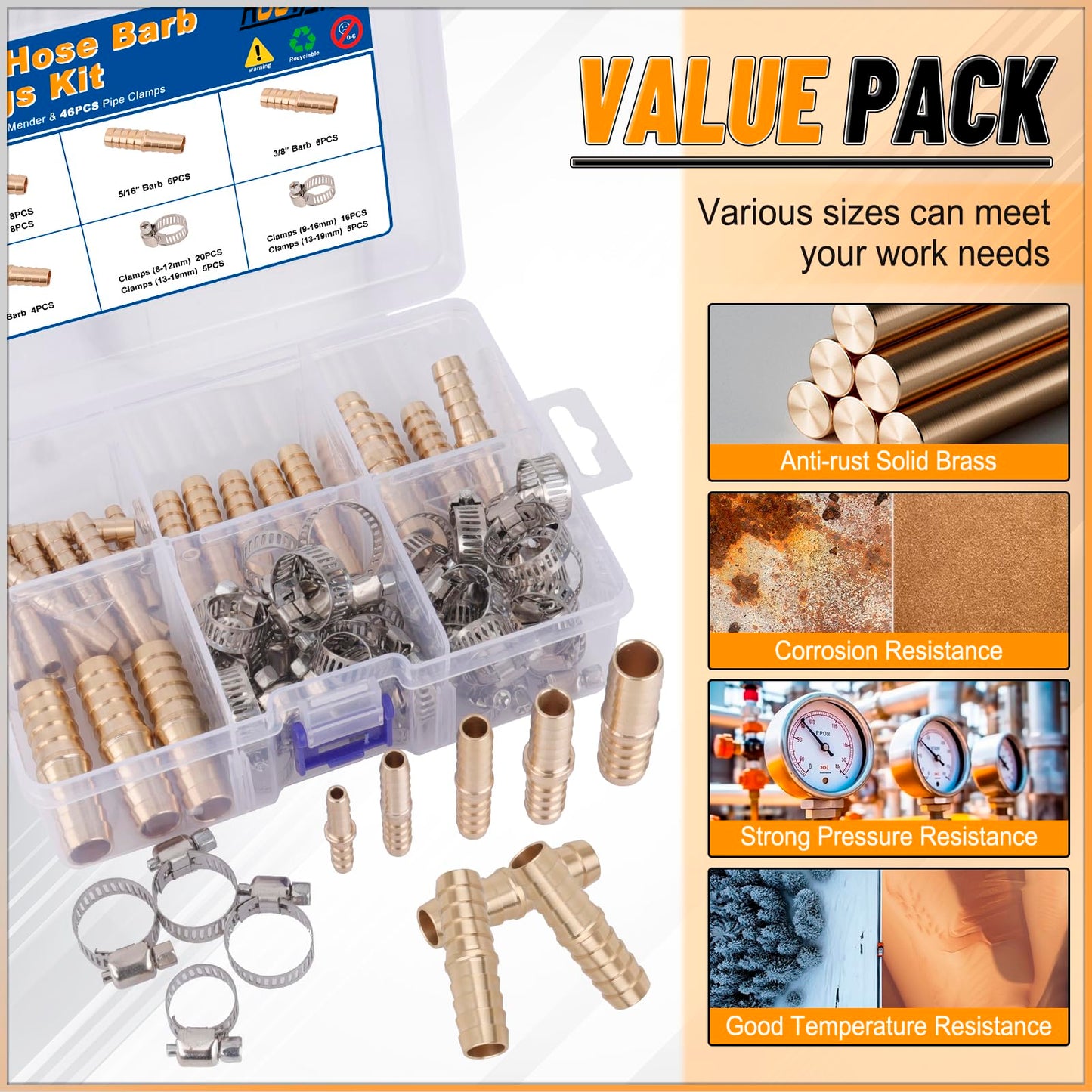 KOOTANS 32PCS Brass Hose Barb Fittings Barb Splicer Mender Hose Fittings Kit 3/16" 1/4" 5/16" 3/8" 1/2" Barbed Air Hose Fittings with 46pcs Pipe Clamps for Water Fuel Air Line Connector Fitting