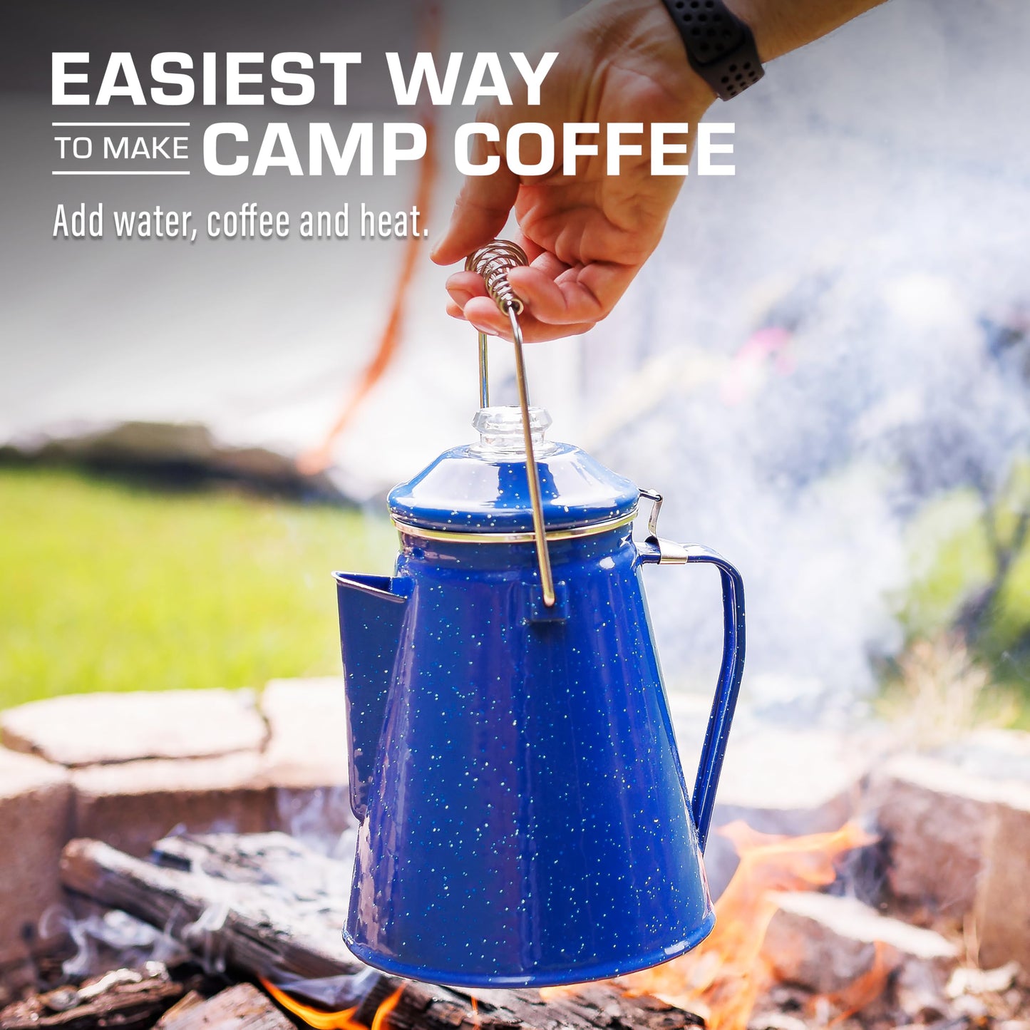 COLETTI Classic Enamel Set Coffee Percolator & Mugs — The Most Nostalgic Camping Coffee Pot, Now Modernized [12 Cup Percolator Coffee Pot & Set of 4 Mugs] (Blue)