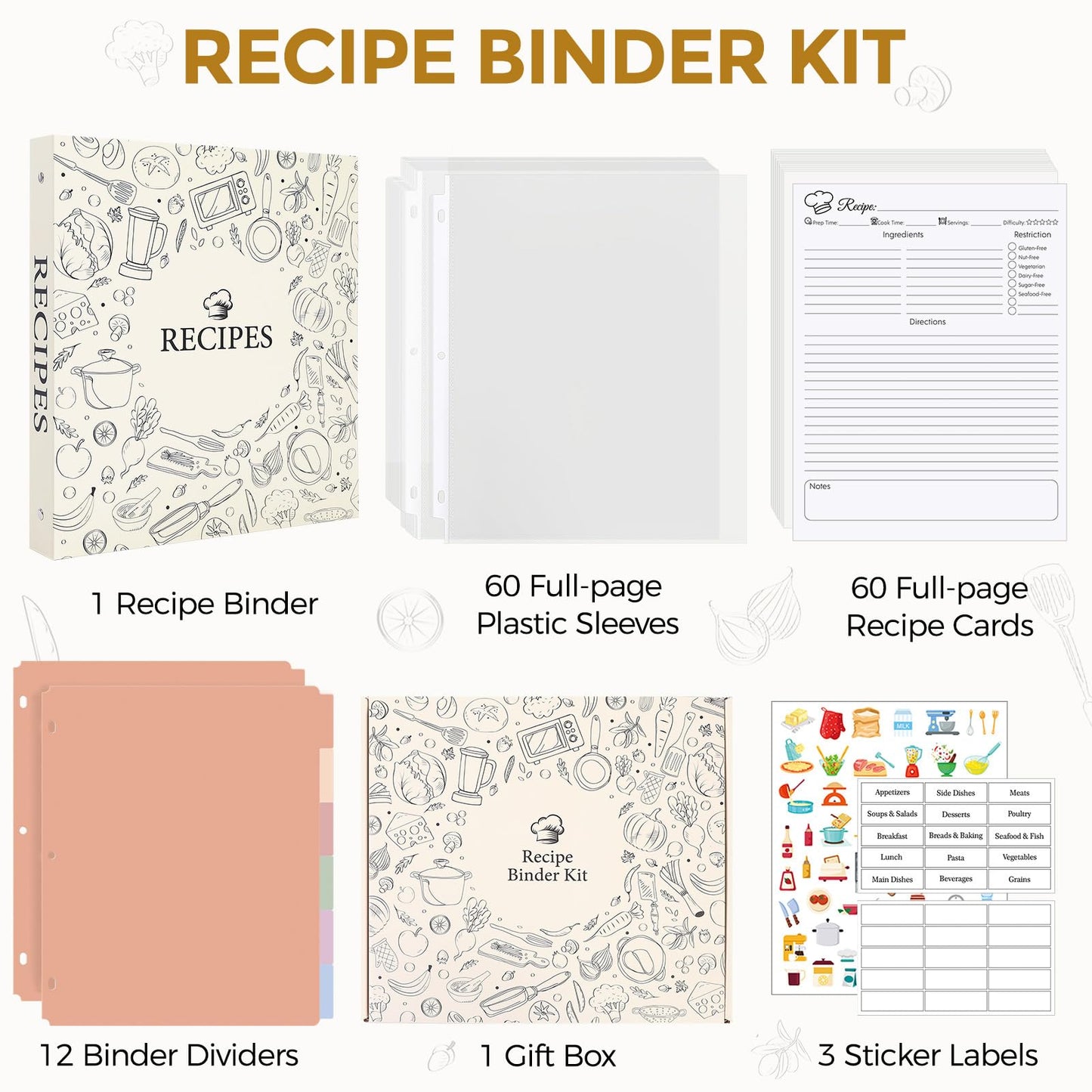 SKYDUE Recipe Binder 8.5x11 3 Ring, 1" Round Rings, Recipe Book to Write in Your Own Recipes, Recipe Binder with 60 Plastic Sleeves, 12 Dividers, 60 Blank Recipe Cards, Family Recipe Organizer(Beige)