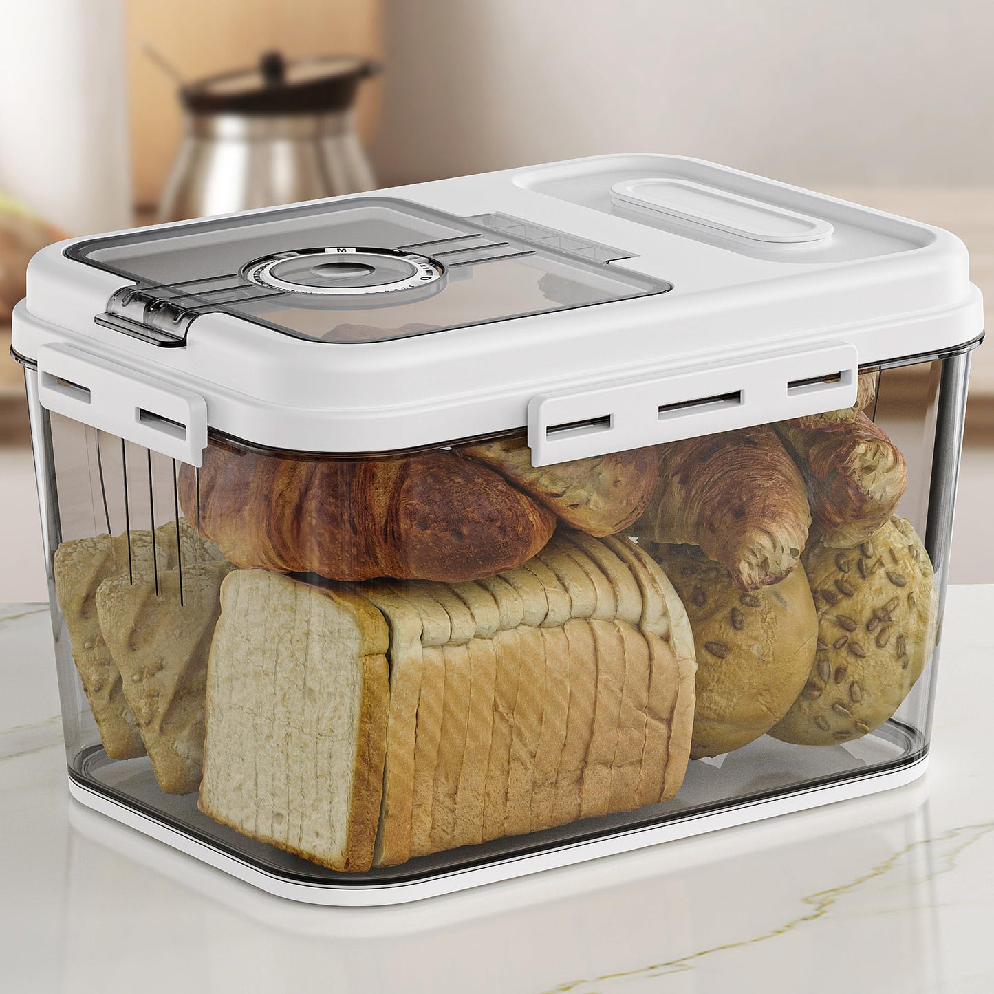 Olimingse Bread Box, Airtight Bread Storage Container, Flip-Top Bread Keeper, Bread Box For Kitchen Countertop, Bread Storage For Homemade Bread, Cookies, Cereal, Fruits, 10L White Bread Holder.