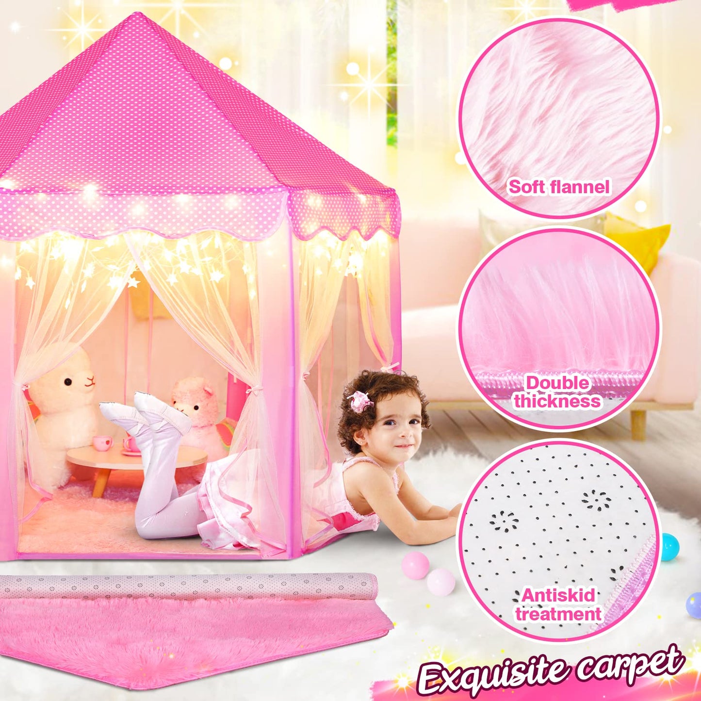 SISTICKER Princess Tent for Girls Kids Play Tent with Star Lights and Mat Toddlers Tent Kids Playhouse Indoor and Outdoor Toys for Girls (Princess Tent with mat)