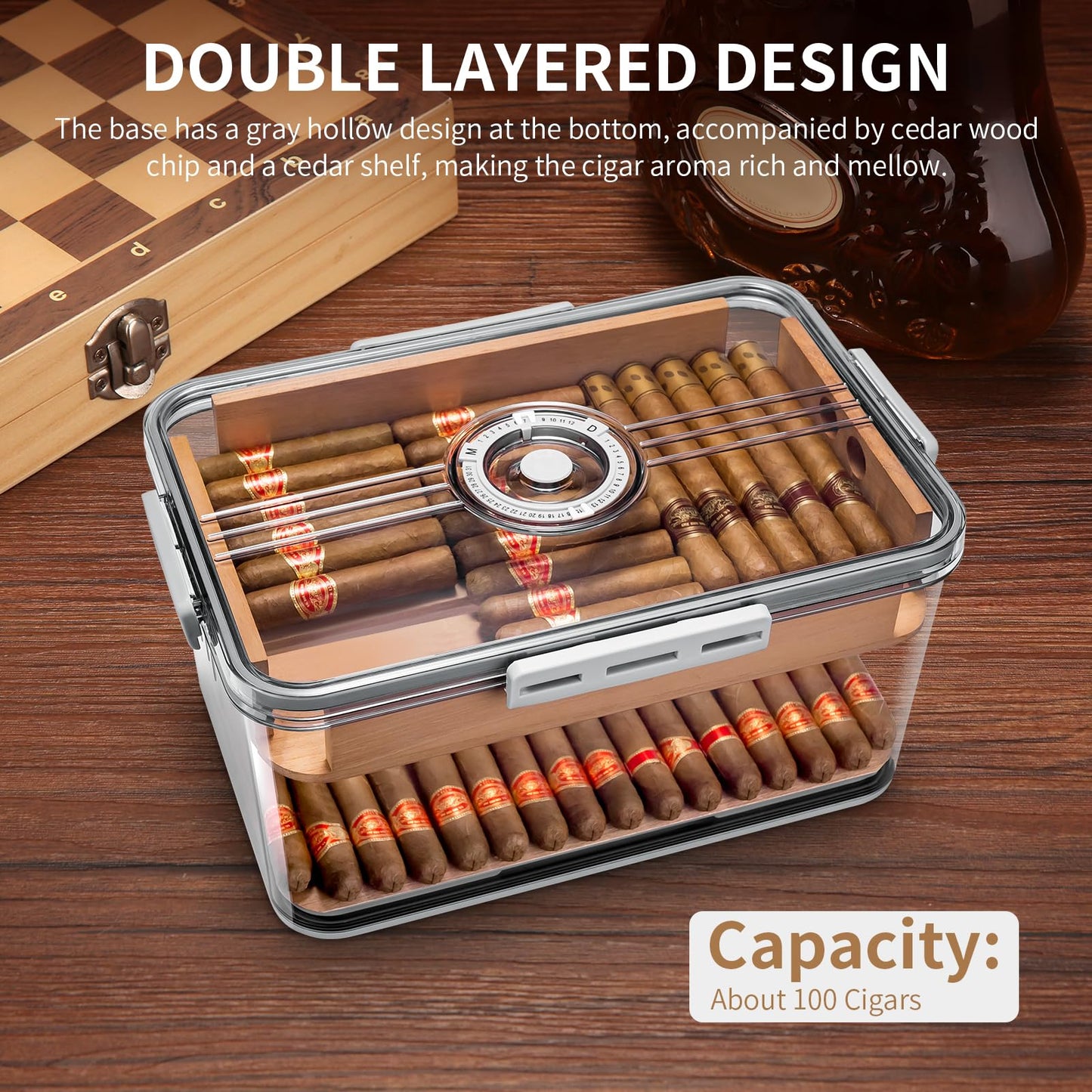 CIGARLOONG Cigar Humidor Large Accommodate 100 Cigars,Built-in Cedar Wood Shelf with High Precision Hygrometer Transparent Cigar Storage Box